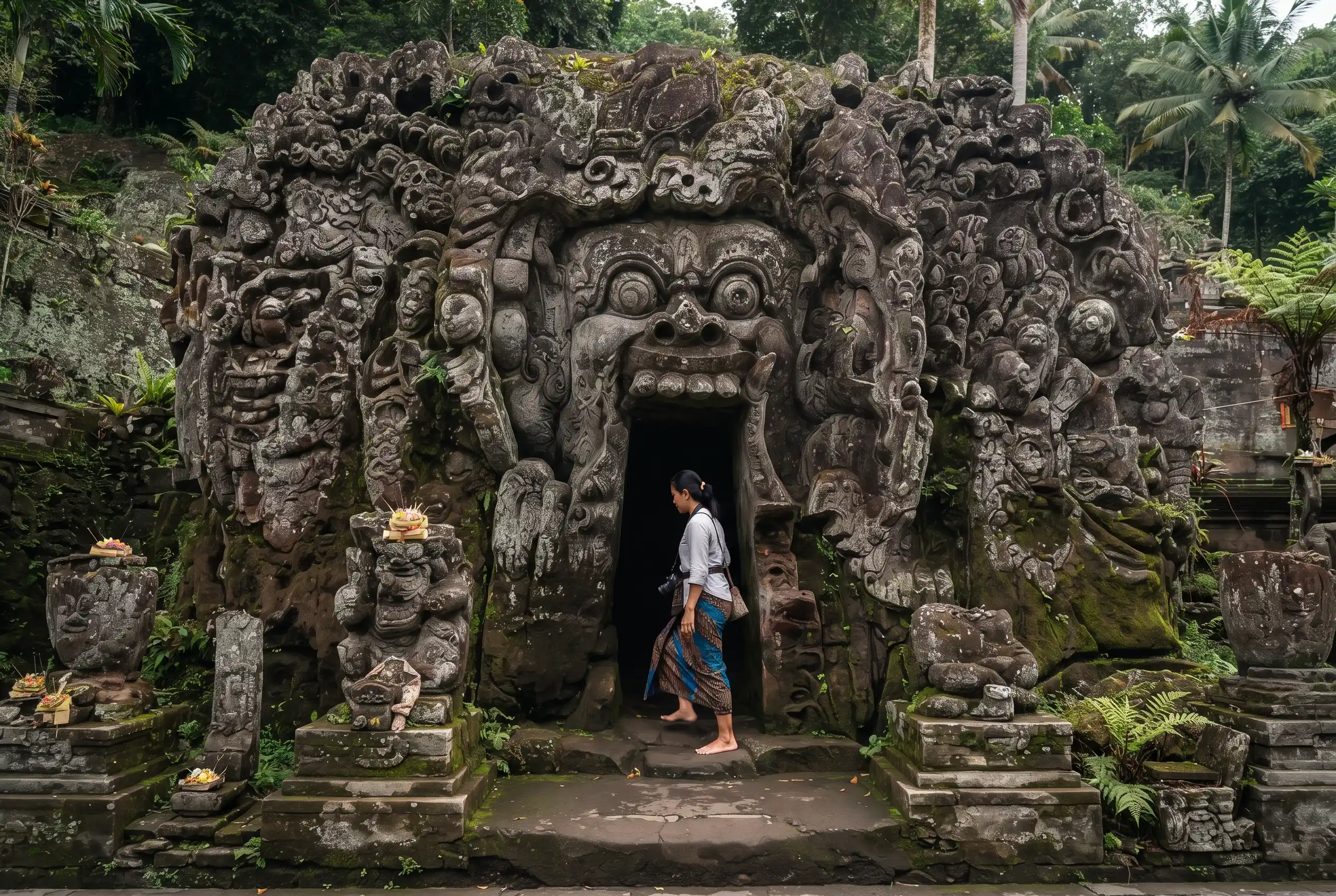 Carved demonic face at the entrance of Goa Gajah cave, Ubud, Bali