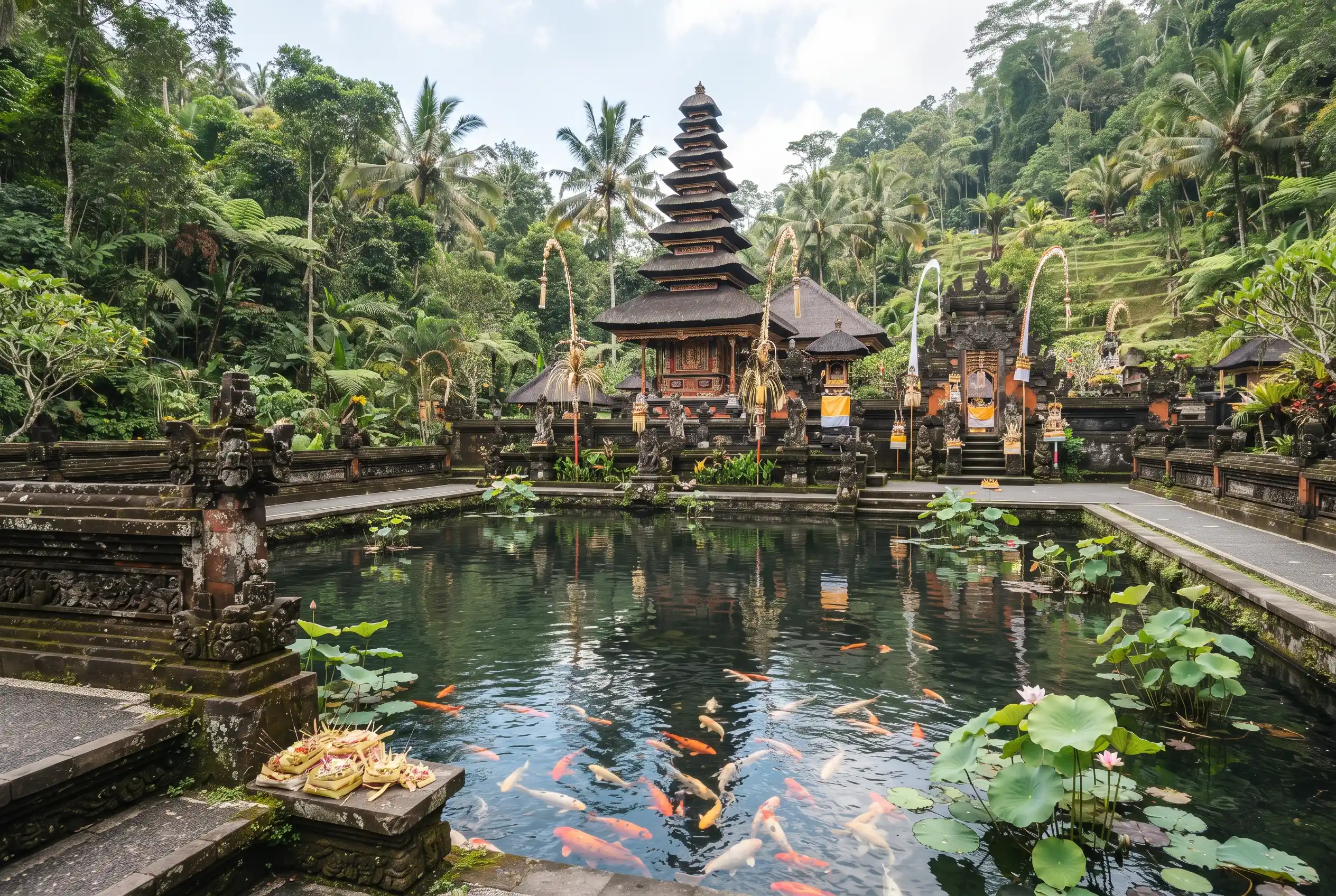 Koi pond and tiered shrine at Gunung Kawi Sebatu water temple, Bali