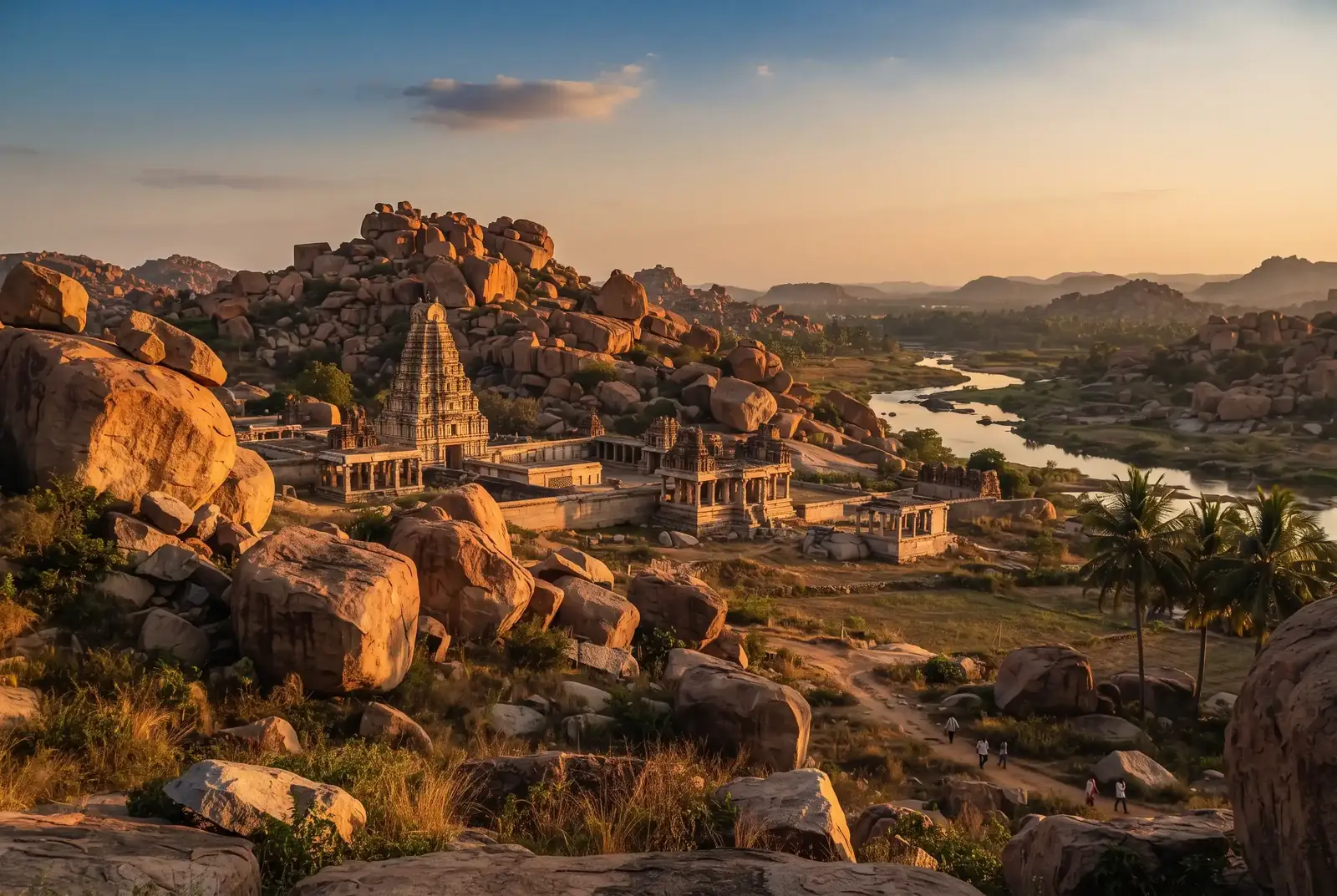 The boulder-strewn landscape of Hampi with temple ruins at sunset