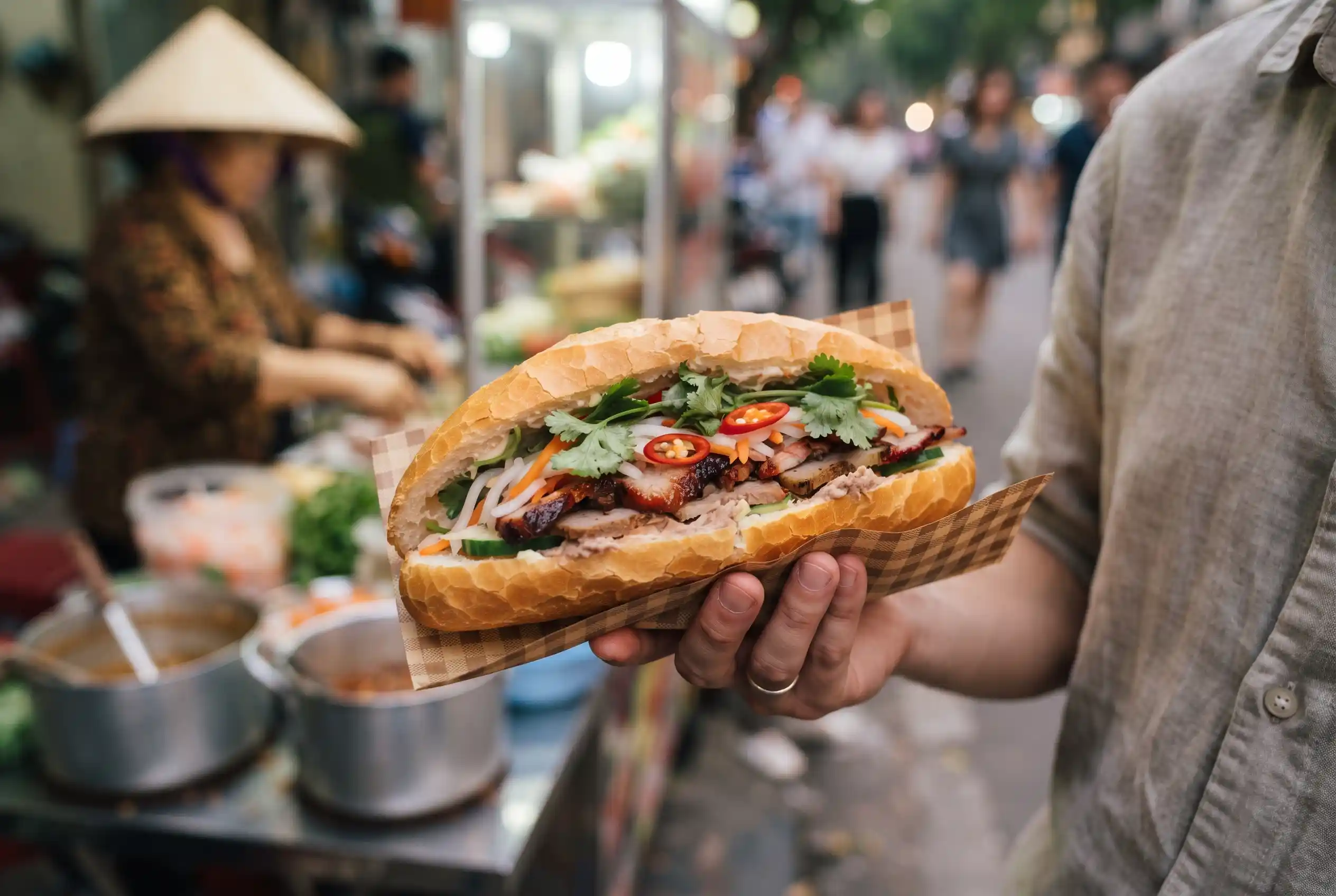 A Vietnamese banh mi baguette sandwich at a Hanoi street stall