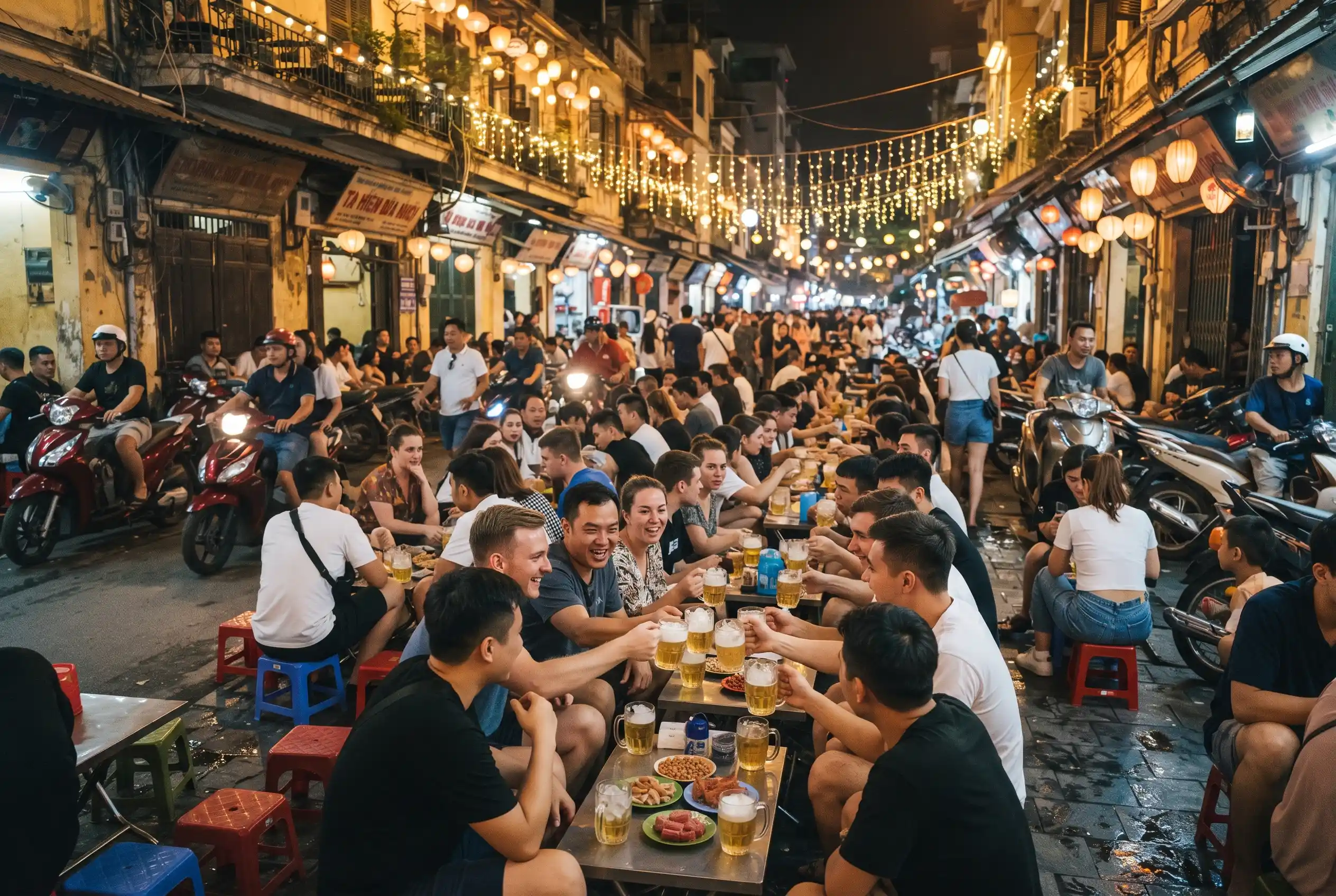 The Bia Hoi corner in Hanoi Old Quarter in the evening
