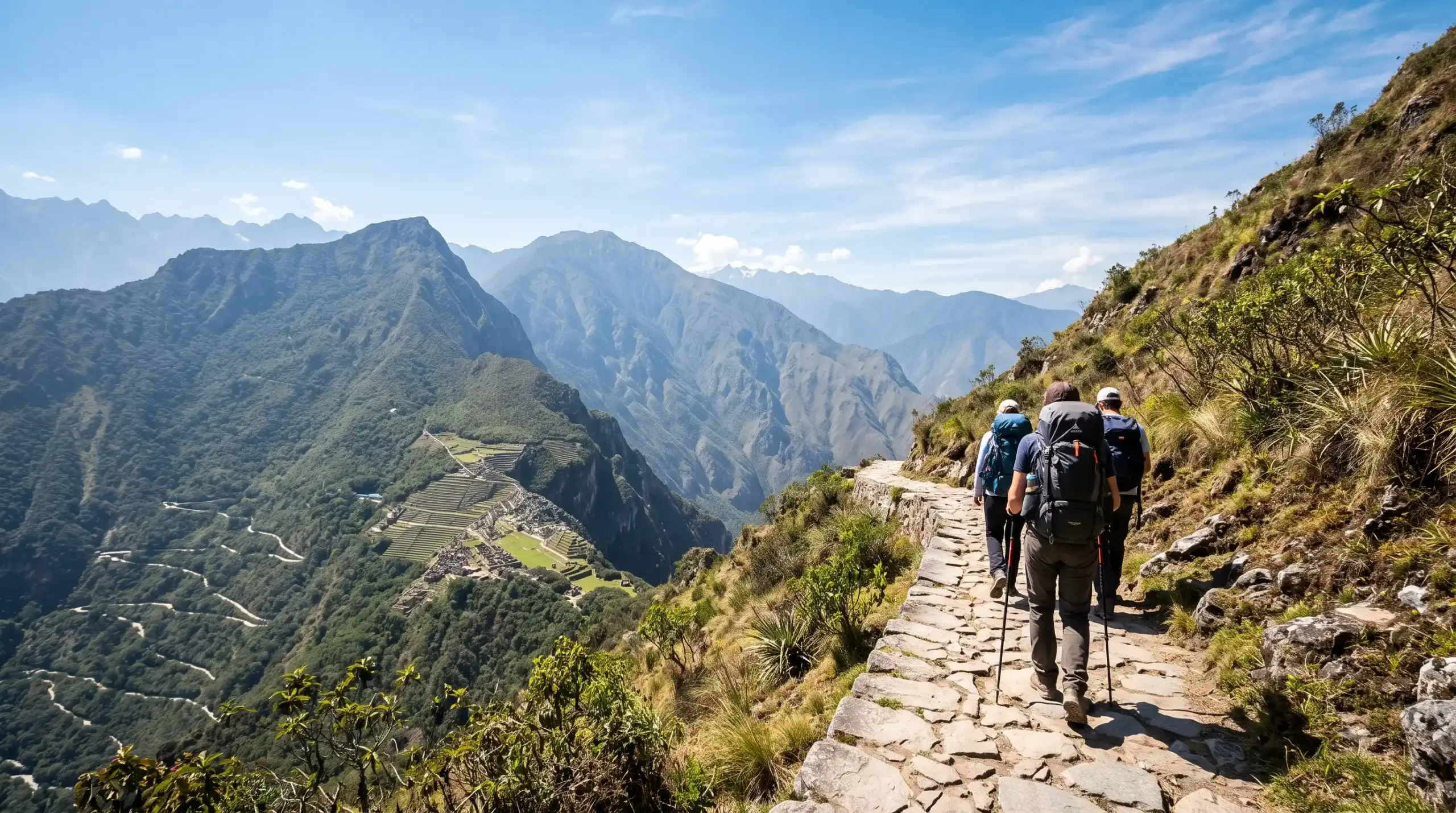 Hikers on the Inca Trail during dry season with mountain views