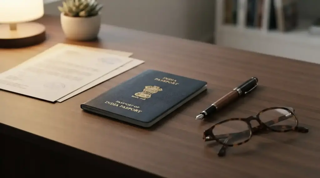 An Indian passport with a pen and documents on a desk