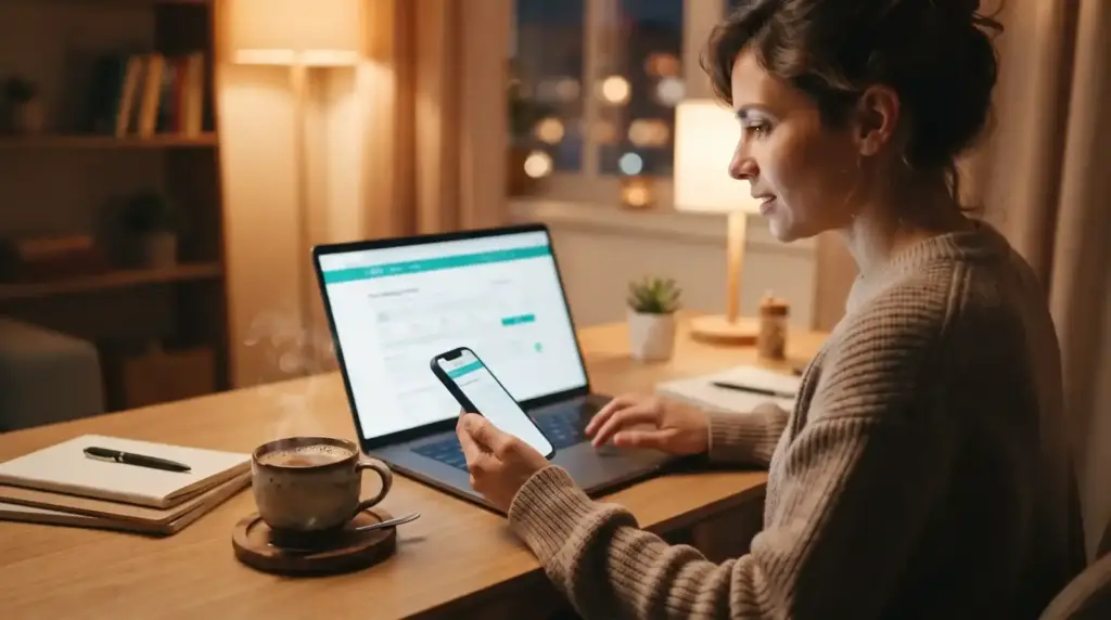 A person booking an Indian train ticket on a laptop and phone