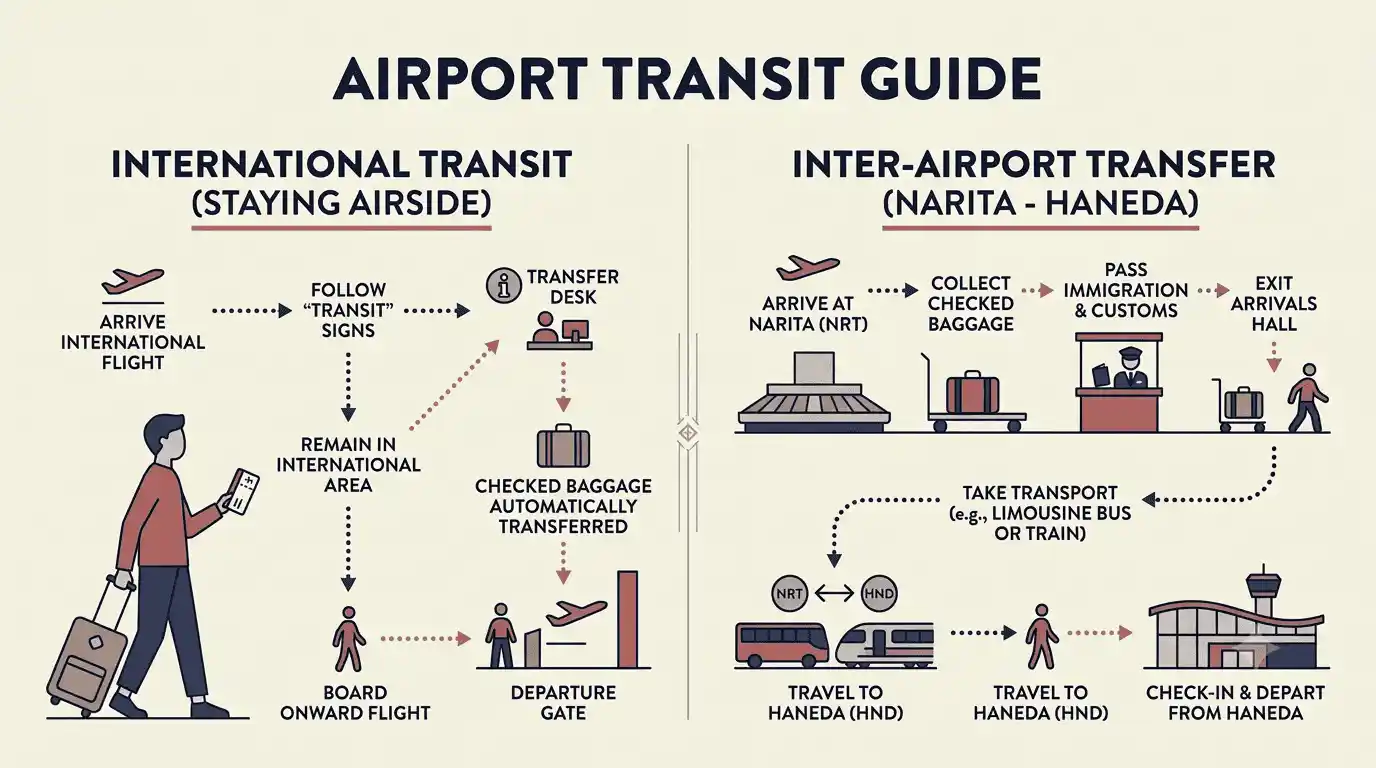 Comparison of airside Japan transit and airport transfers requiring entry permission