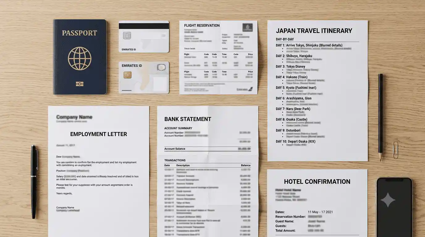 Passport, Emirates ID, bank statement, employment letter and Japan itinerary