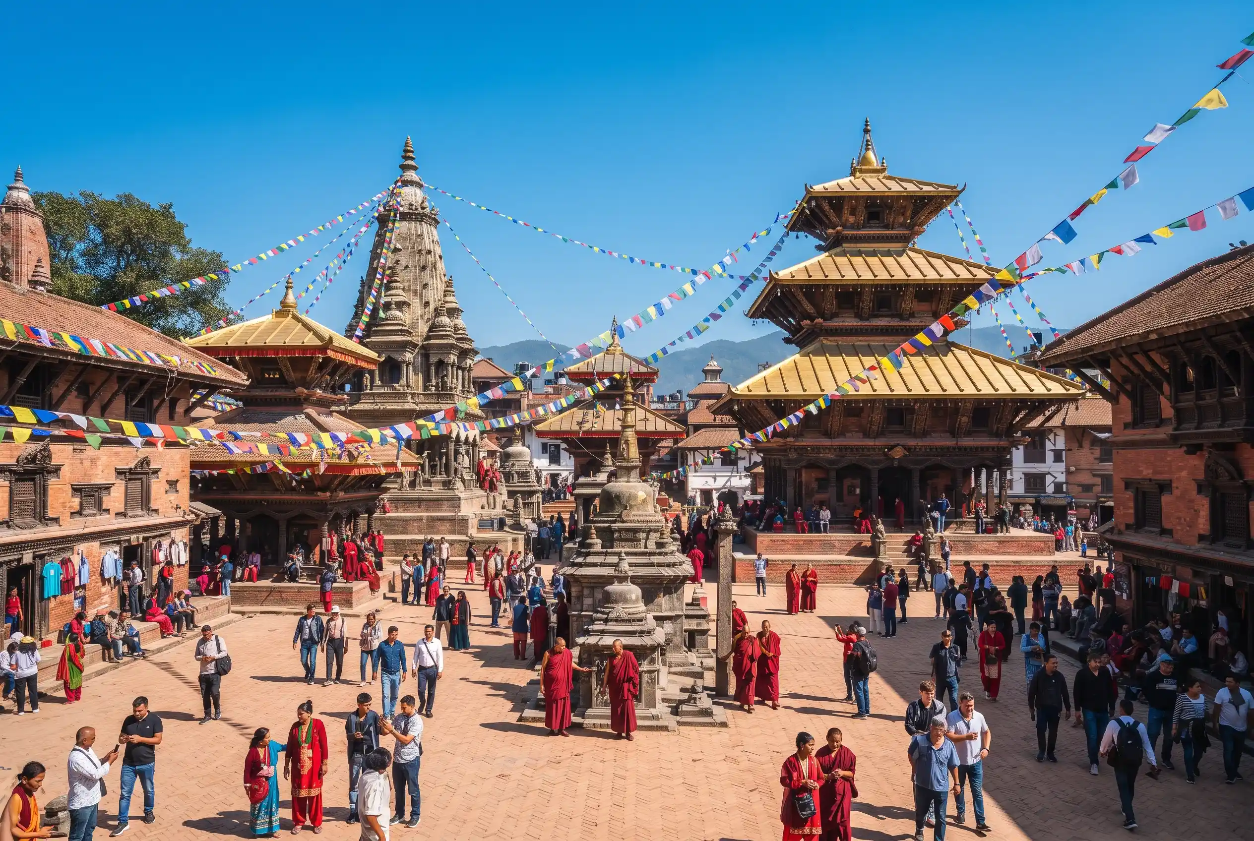 Clear autumn sky over Kathmandu temples during peak tourist season