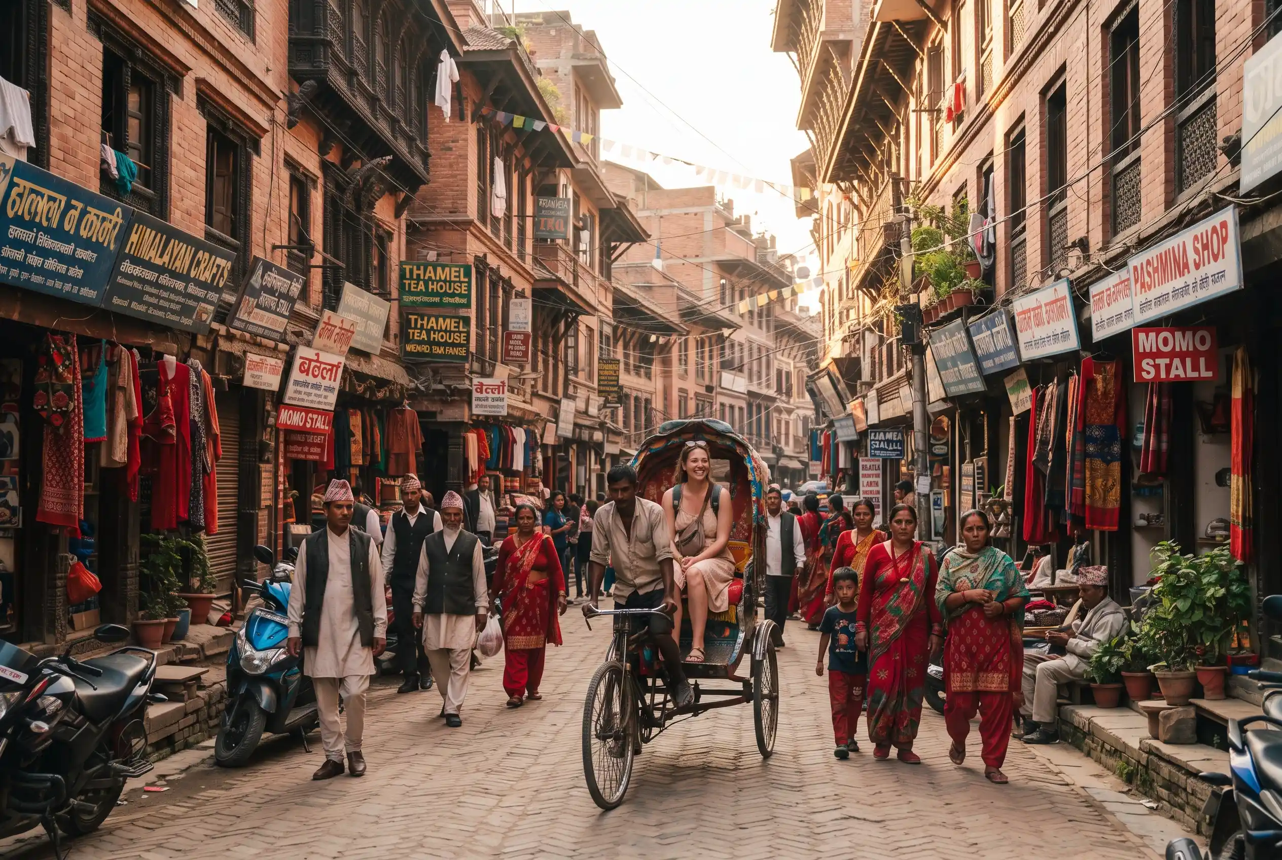 Tourist exploring narrow streets of old Kathmandu by rickshaw