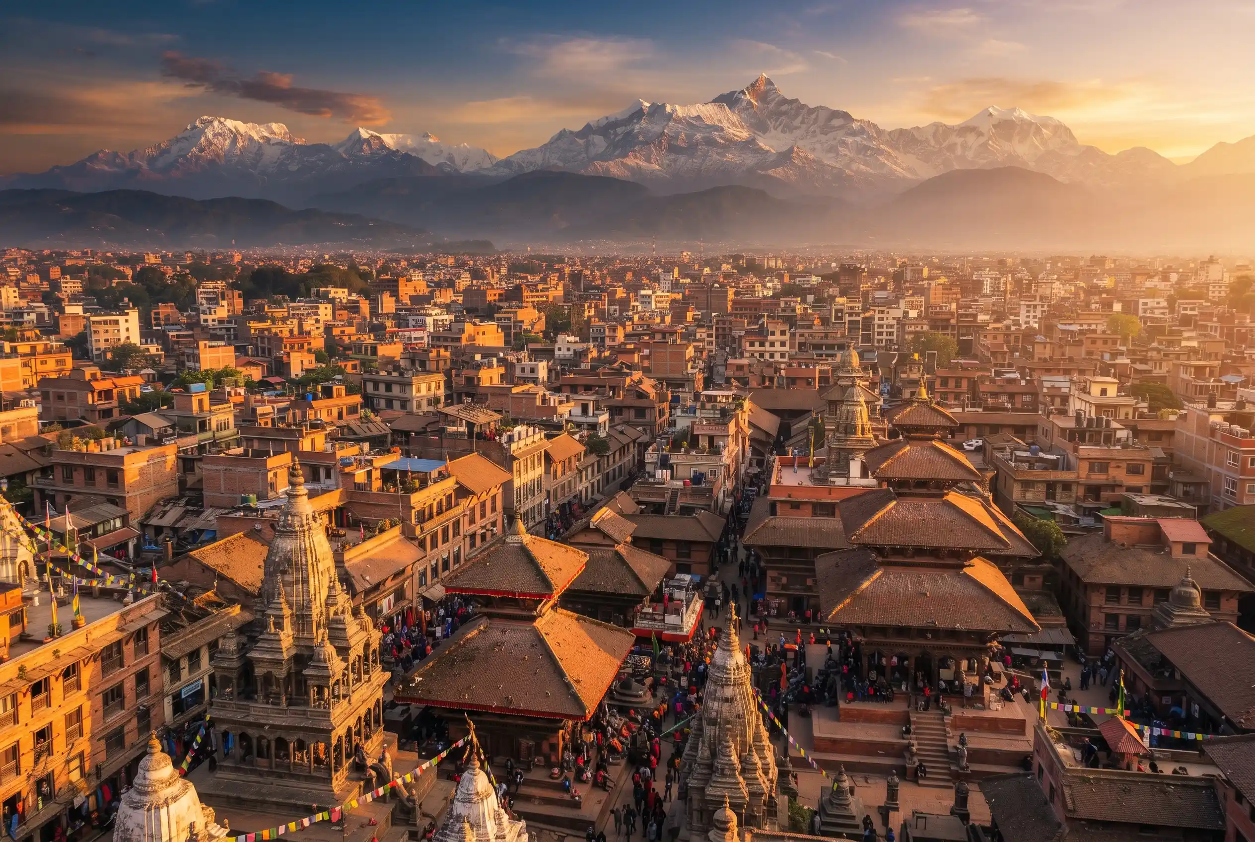 Panoramic view of Kathmandu city with ancient temples and Himalayan mountains