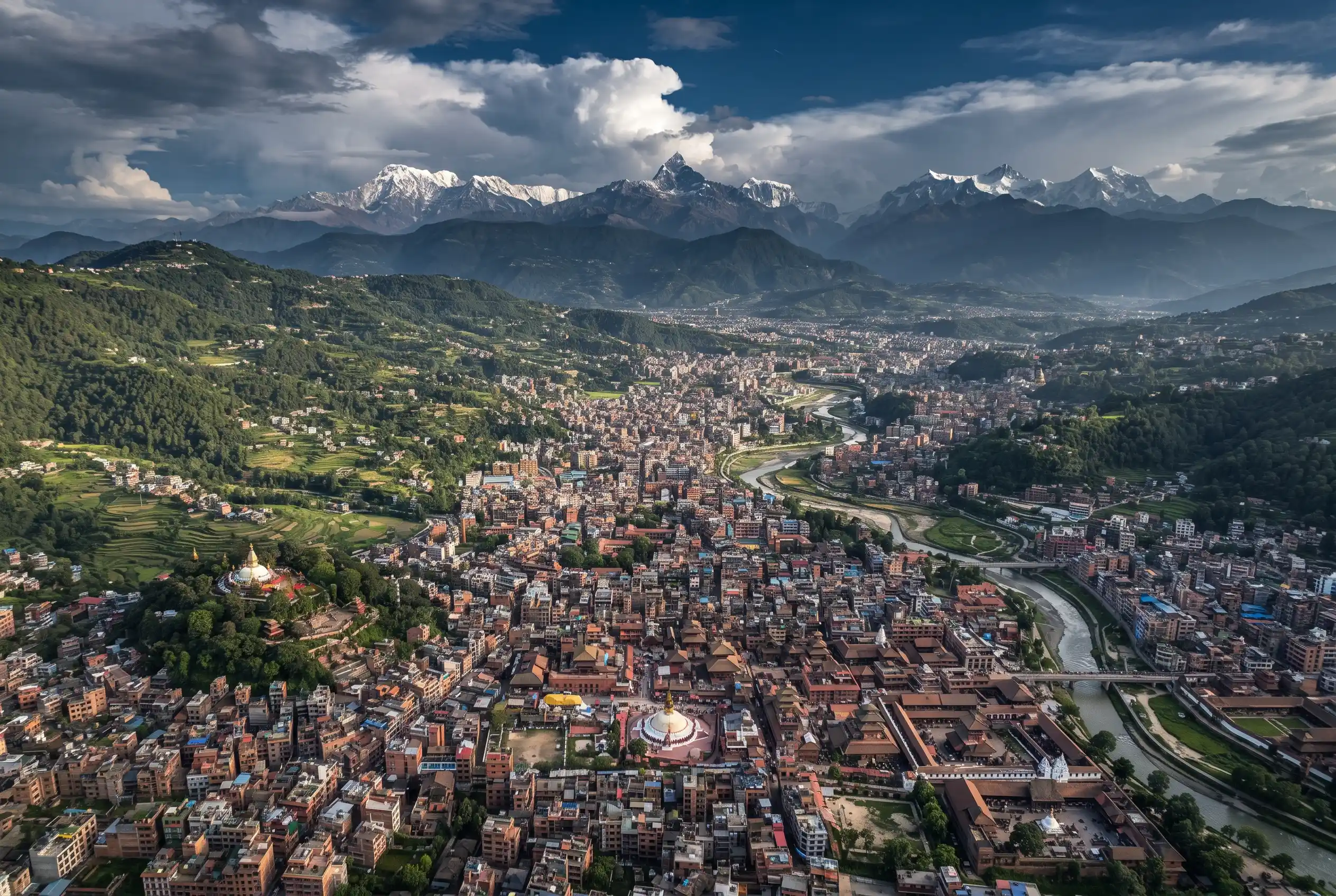 Aerial view of Kathmandu Valley surrounded by green hills