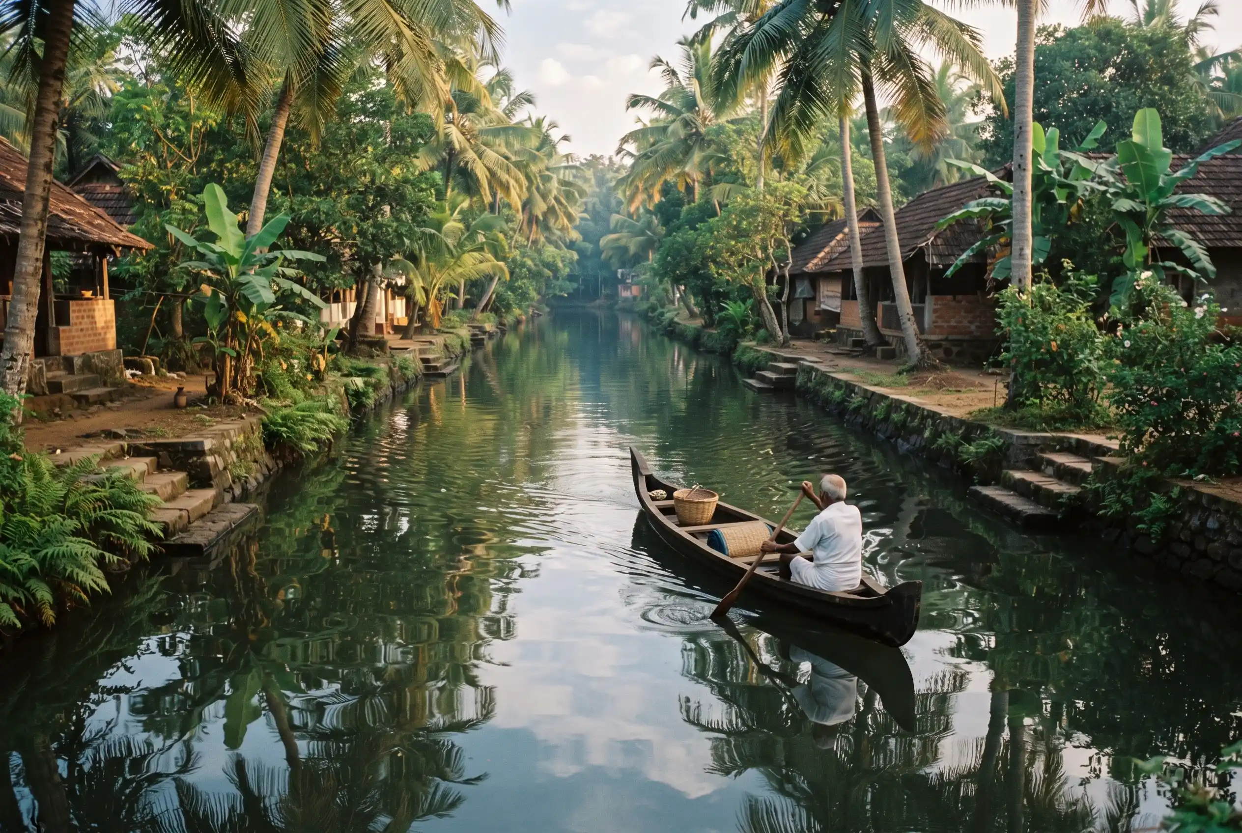 A canoe gliding through a narrow Kerala backwater canal