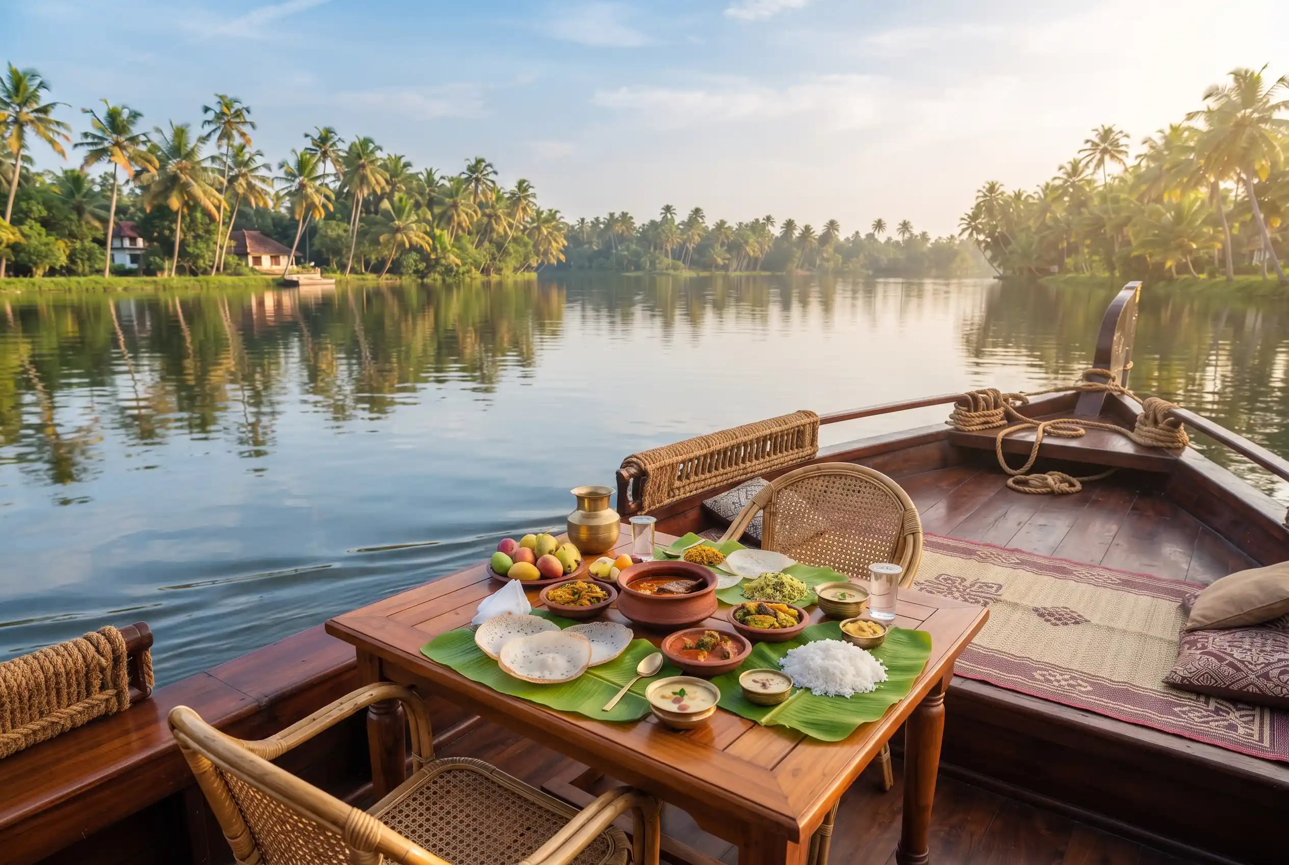 The deck of a Kerala kettuvallam houseboat on the backwaters