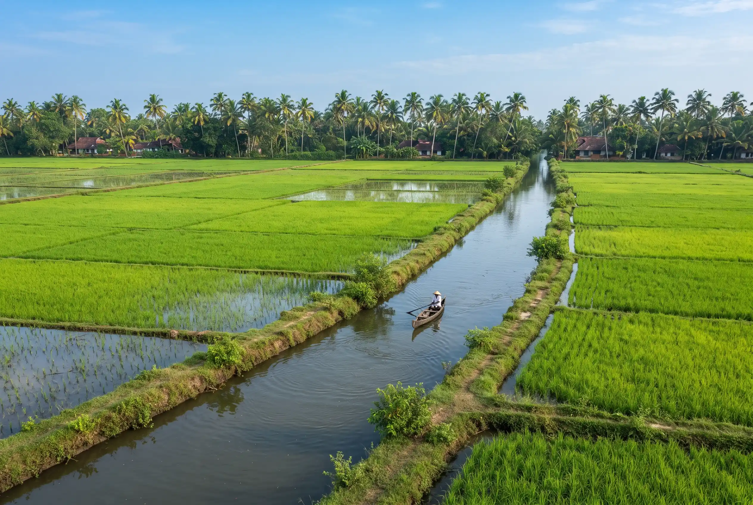 Green paddy fields of Kuttanad in the Kerala backwaters