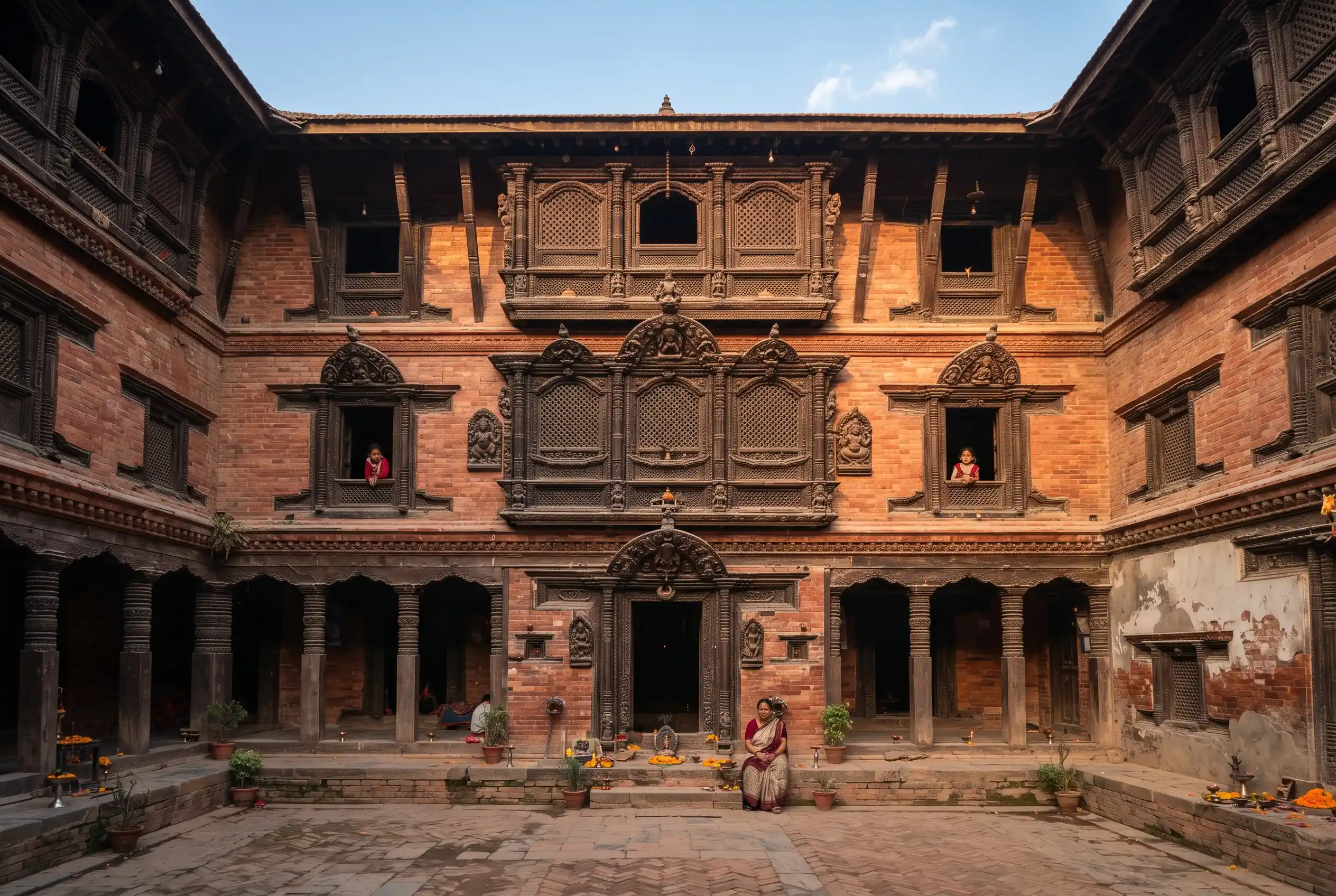 Kumari Ghar palace with intricately carved wooden windows at Durbar Square