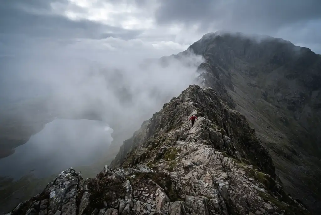 The exposed rocky arete of Striding Edge on Helvellyn