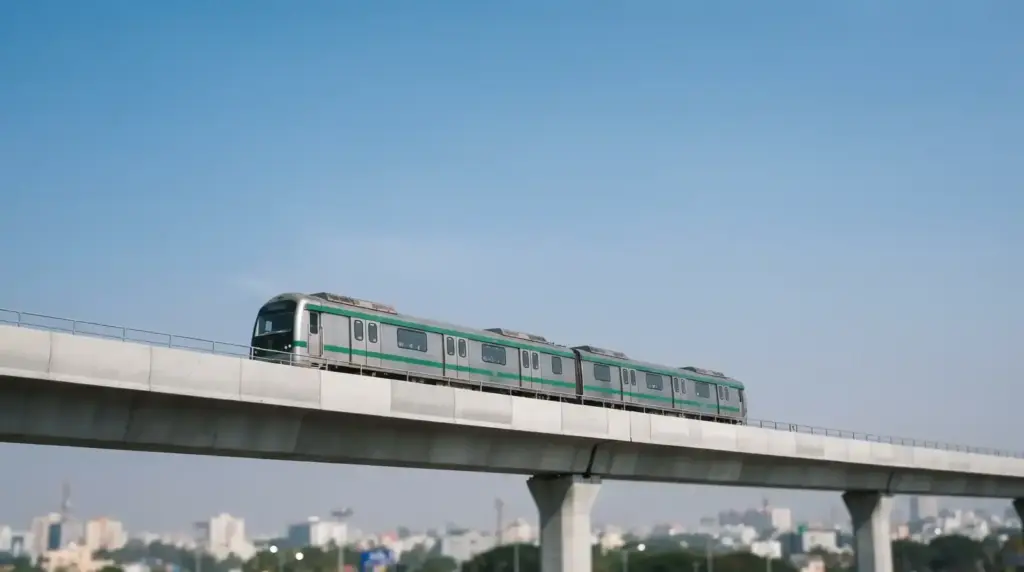 A Namma Metro train on an elevated viaduct in Bengaluru