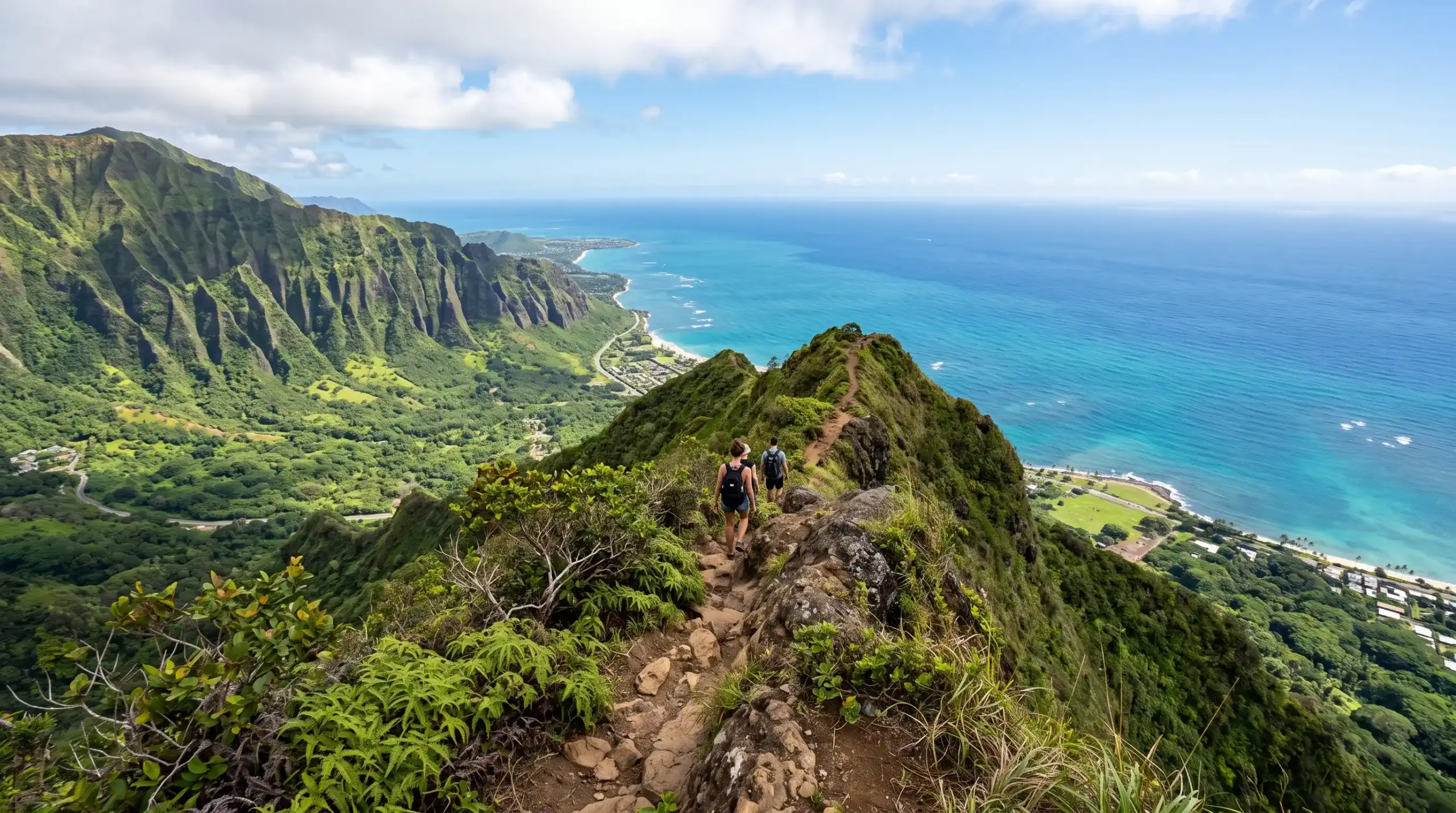 Hiker on an Oahu coastal trail with ocean and mountain views