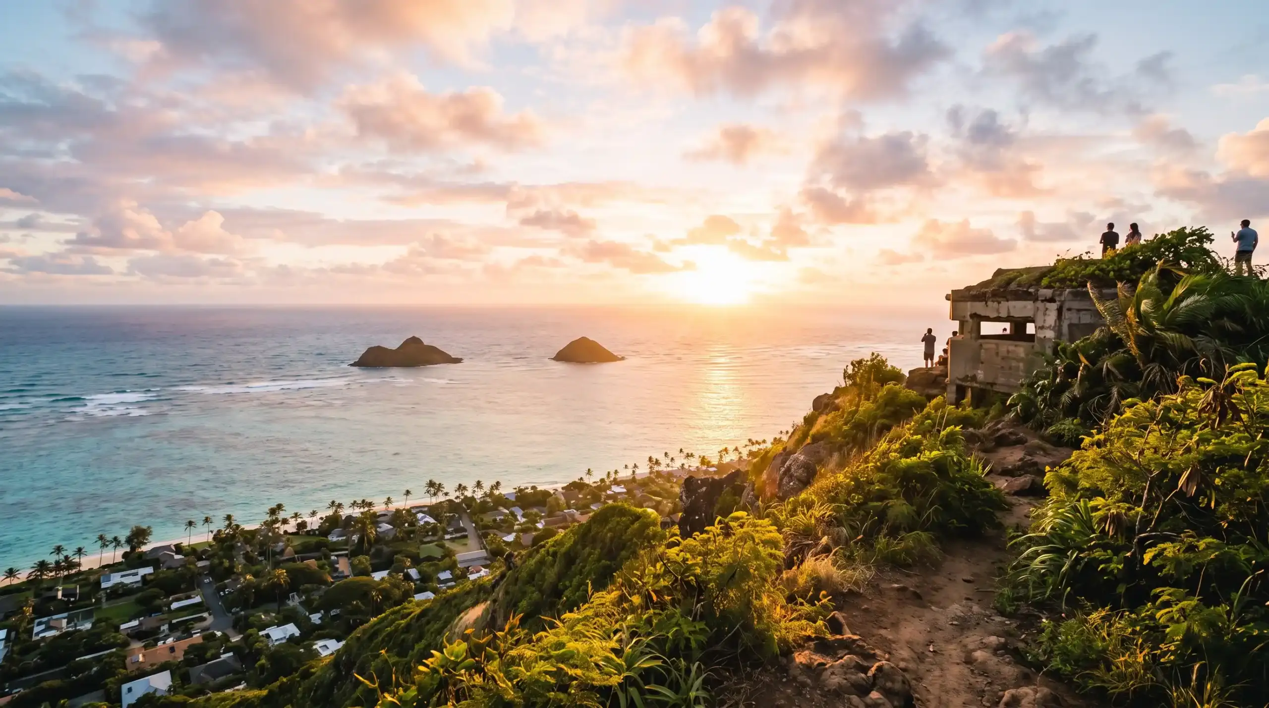Colorful sunrise viewed from a pillbox hike in Kailua, Oahu with islands in the distance