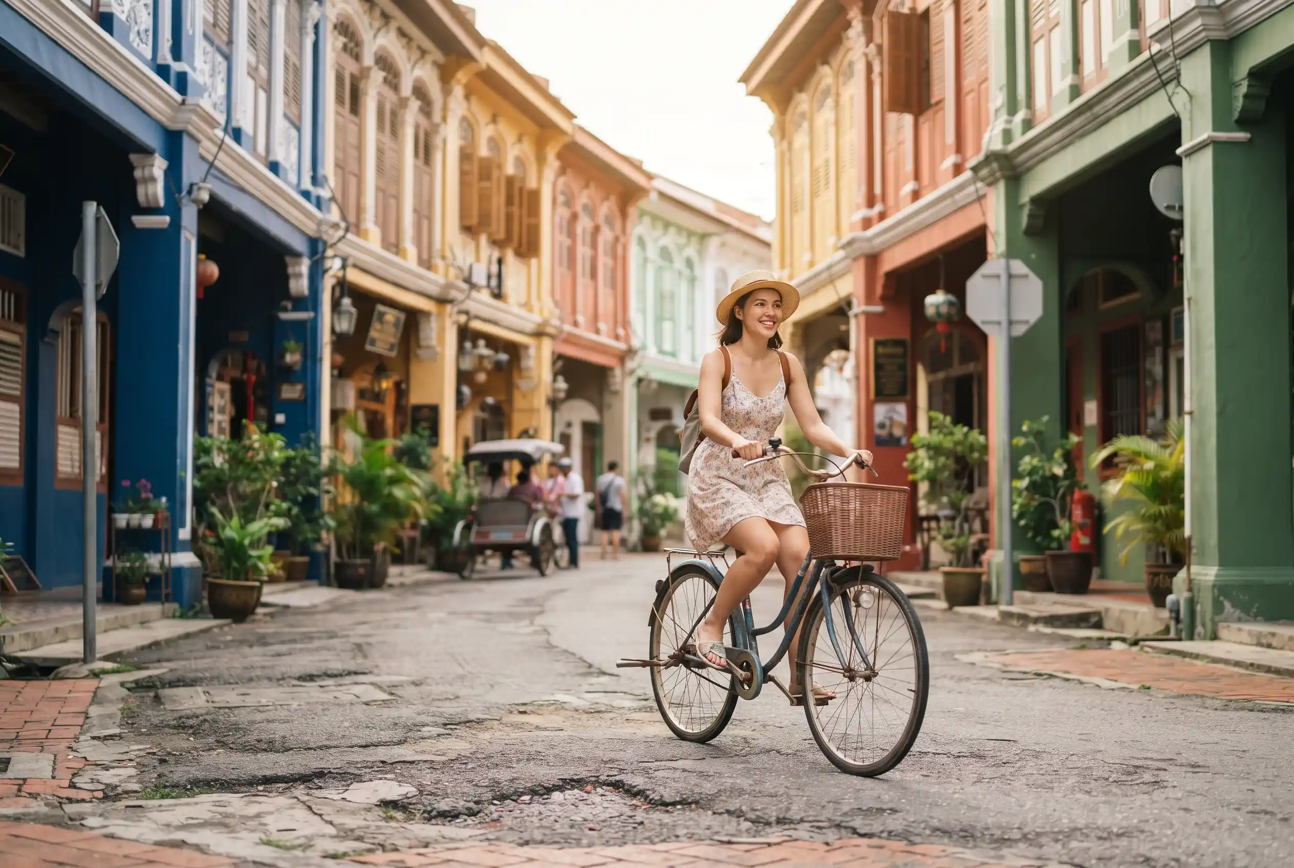 A cyclist in the heritage streets of George Town, Penang