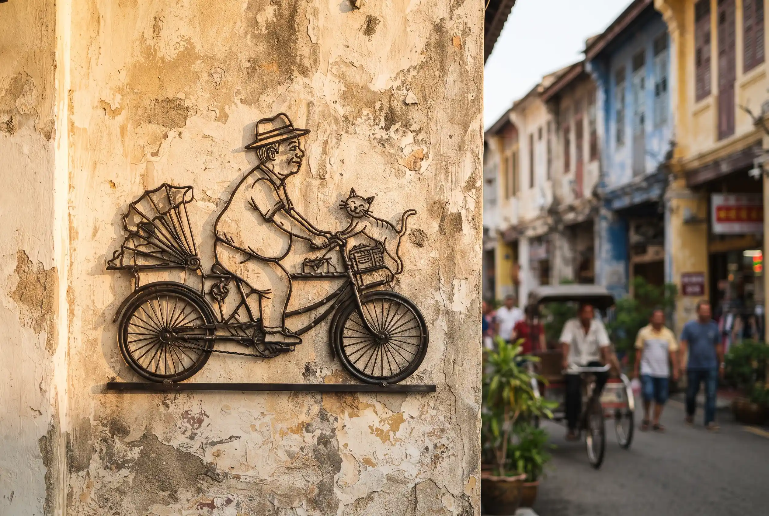 A wrought iron steel caricature on a George Town heritage wall