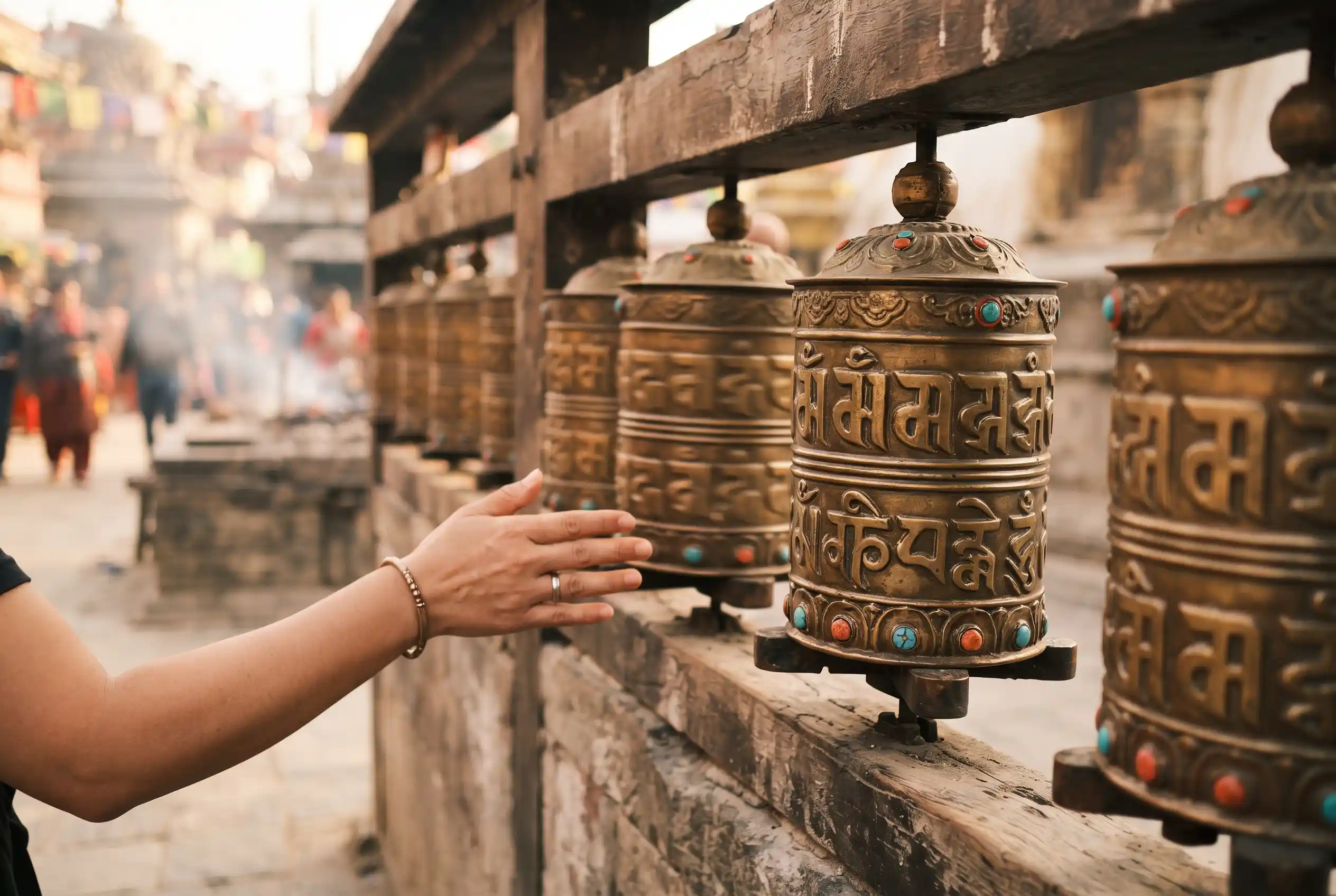 Visitor spinning brass prayer wheels at a Buddhist stupa in Kathmandu