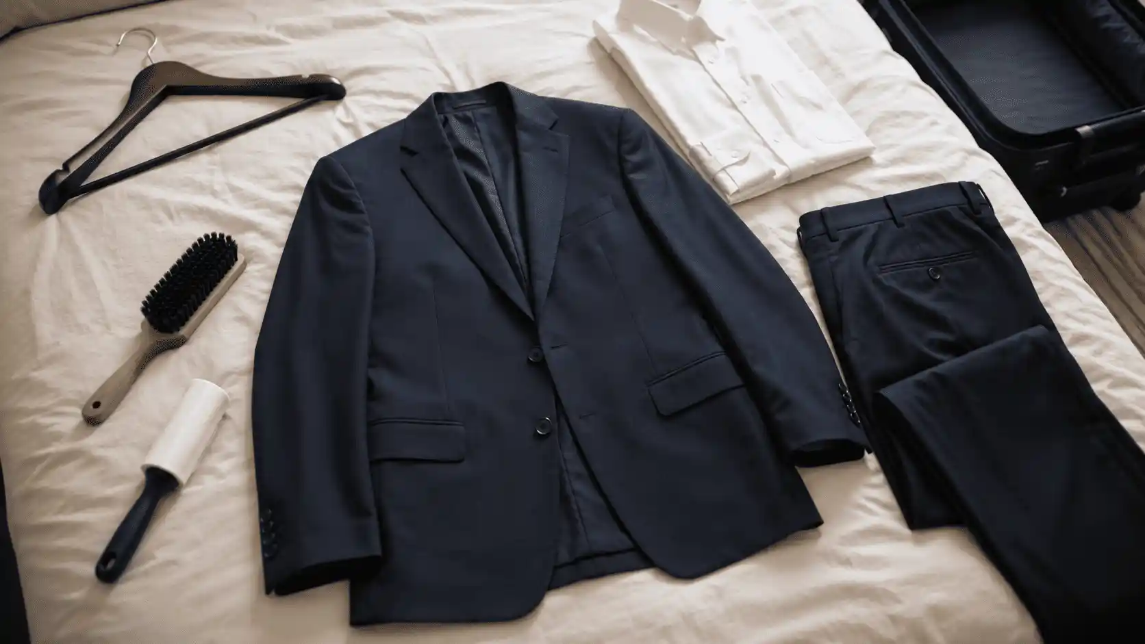 Suit jacket being brushed and prepared on a flat surface before packing