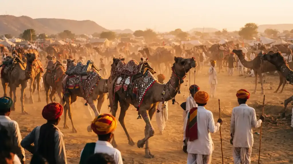Decorated camels and herders at the Pushkar fairground at golden hour
