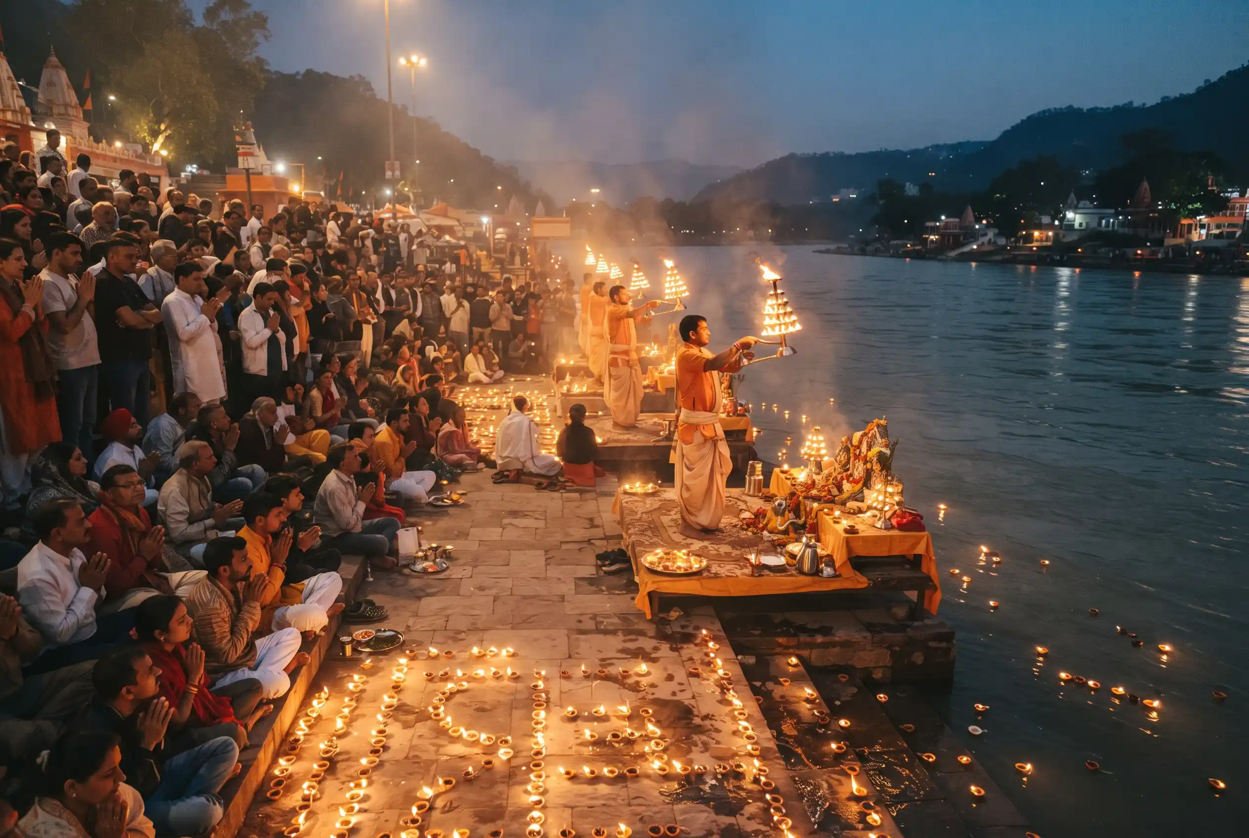 The evening Ganga Aarti ceremony on the Ganges at Rishikesh