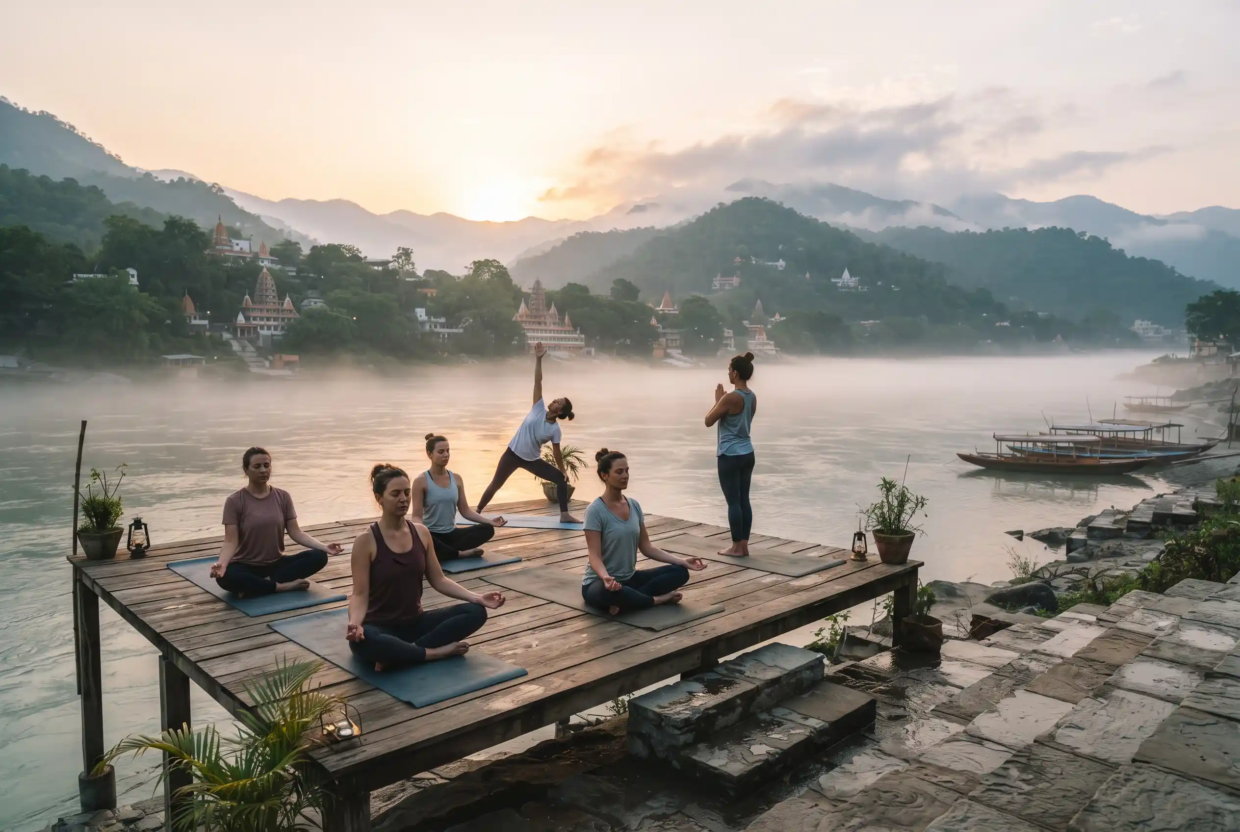 A yoga and meditation session on a riverside platform in Rishikesh