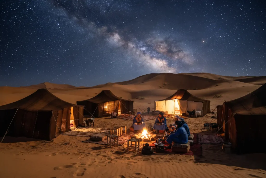 A Sahara desert camp at night under a star filled sky with glowing tents among dunes