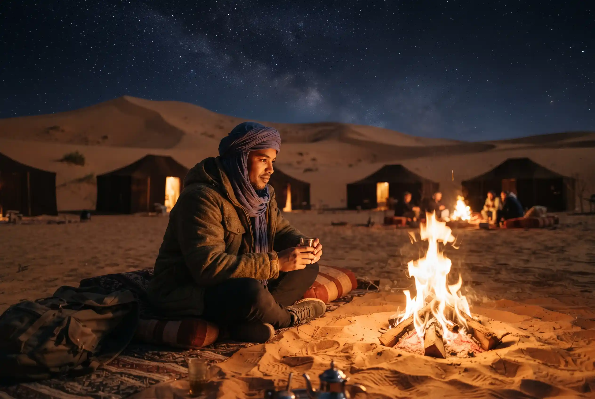 A traveler in a warm jacket and headscarf by a campfire at a Sahara desert camp at night
