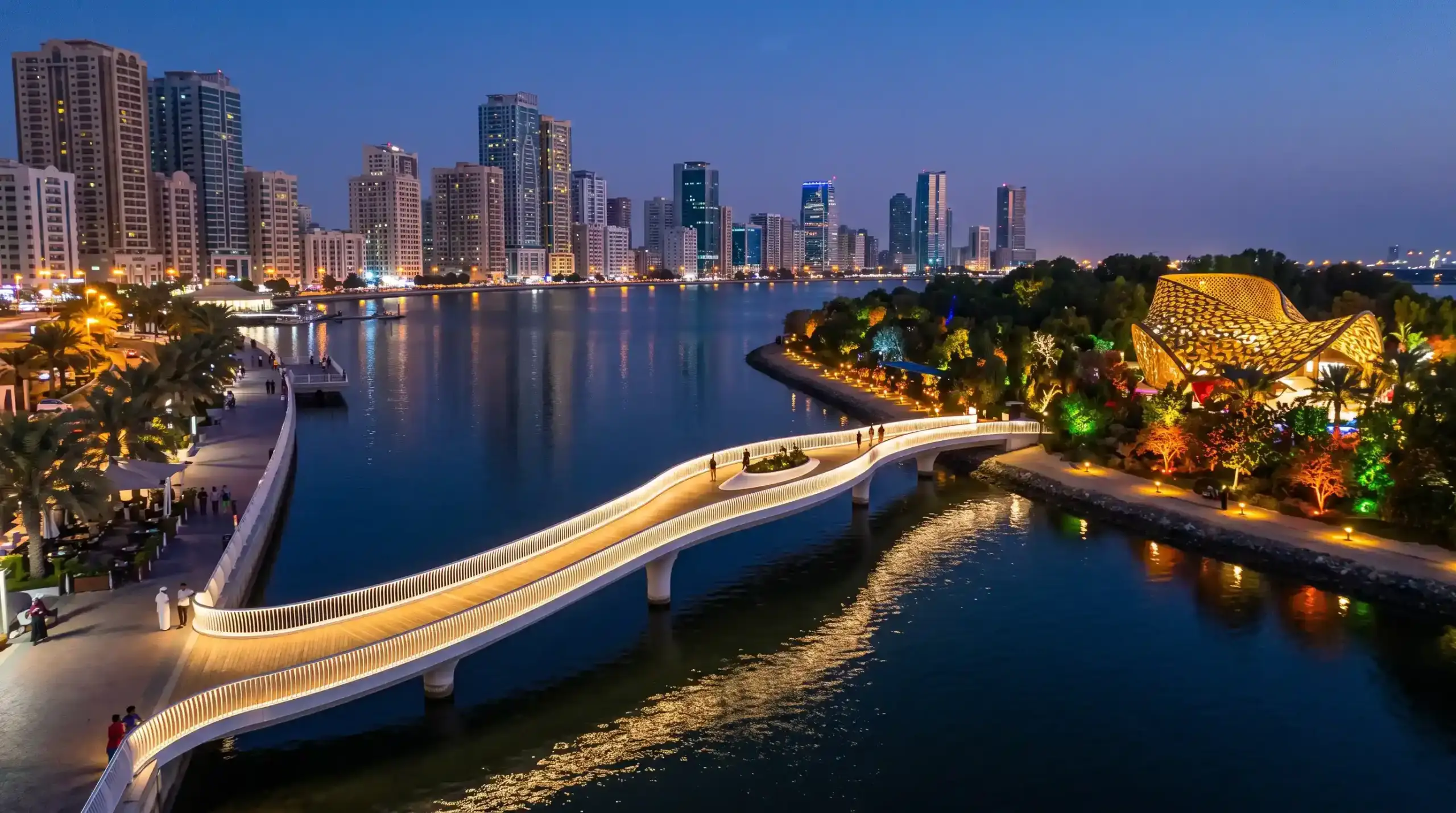 Illuminated pedestrian bridge leading to Al Noor Island representing free places to visit in Sharjah