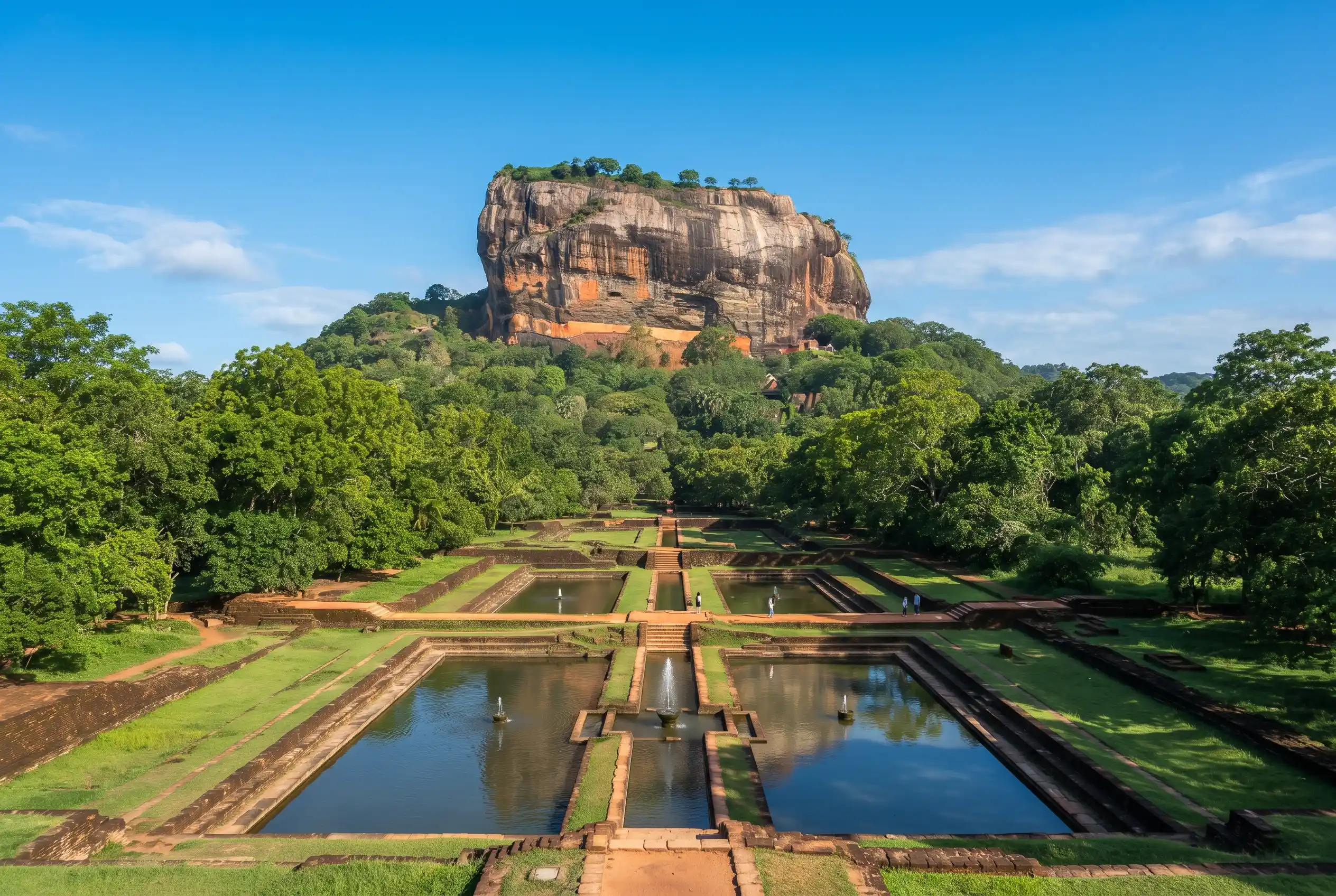The symmetrical water gardens at the base of Sigiriya rock