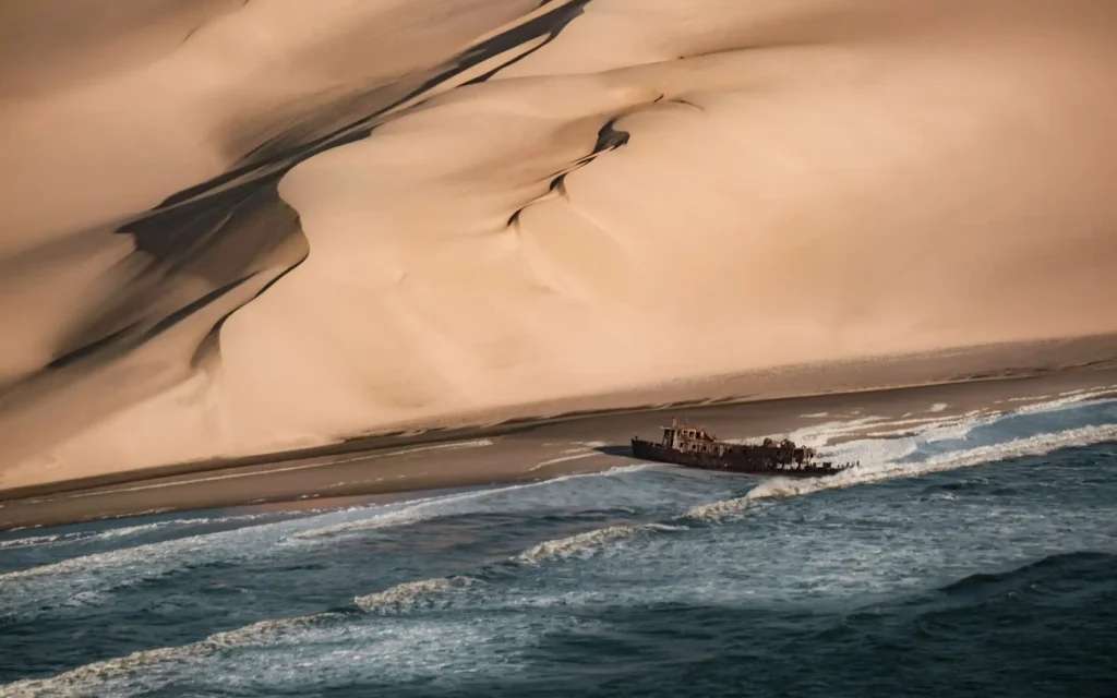 A shipwreck on the foggy Skeleton Coast of Namibia