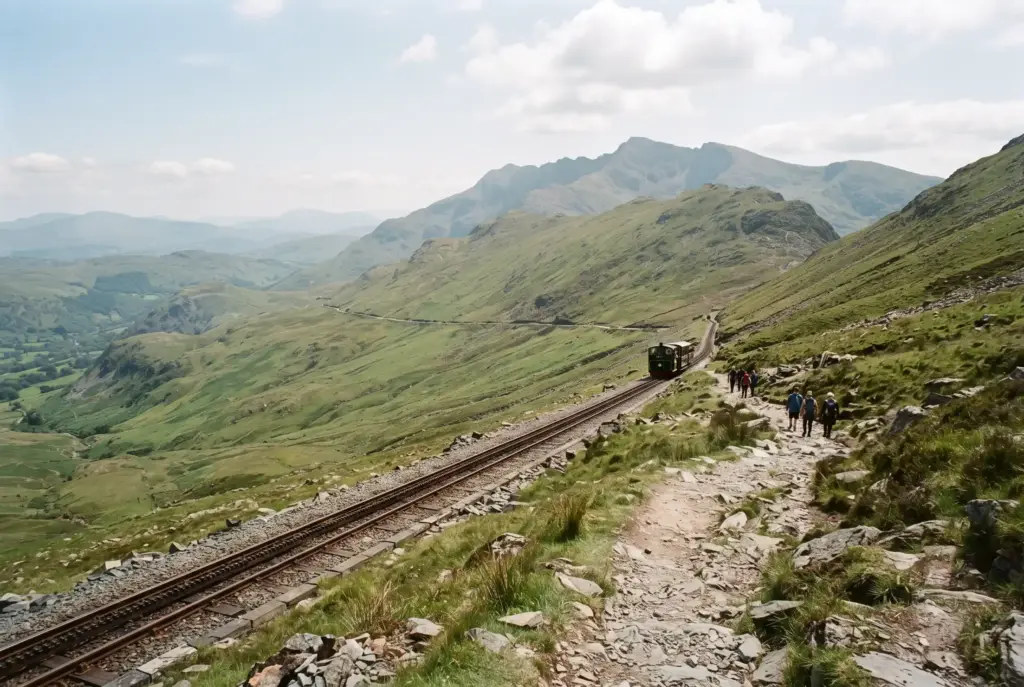 The Llanberis Path climbing beside the Snowdon Mountain Railway