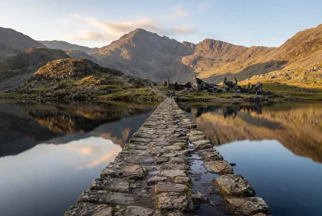 Stone causeway across Llyn Llydaw on the Miners' Track