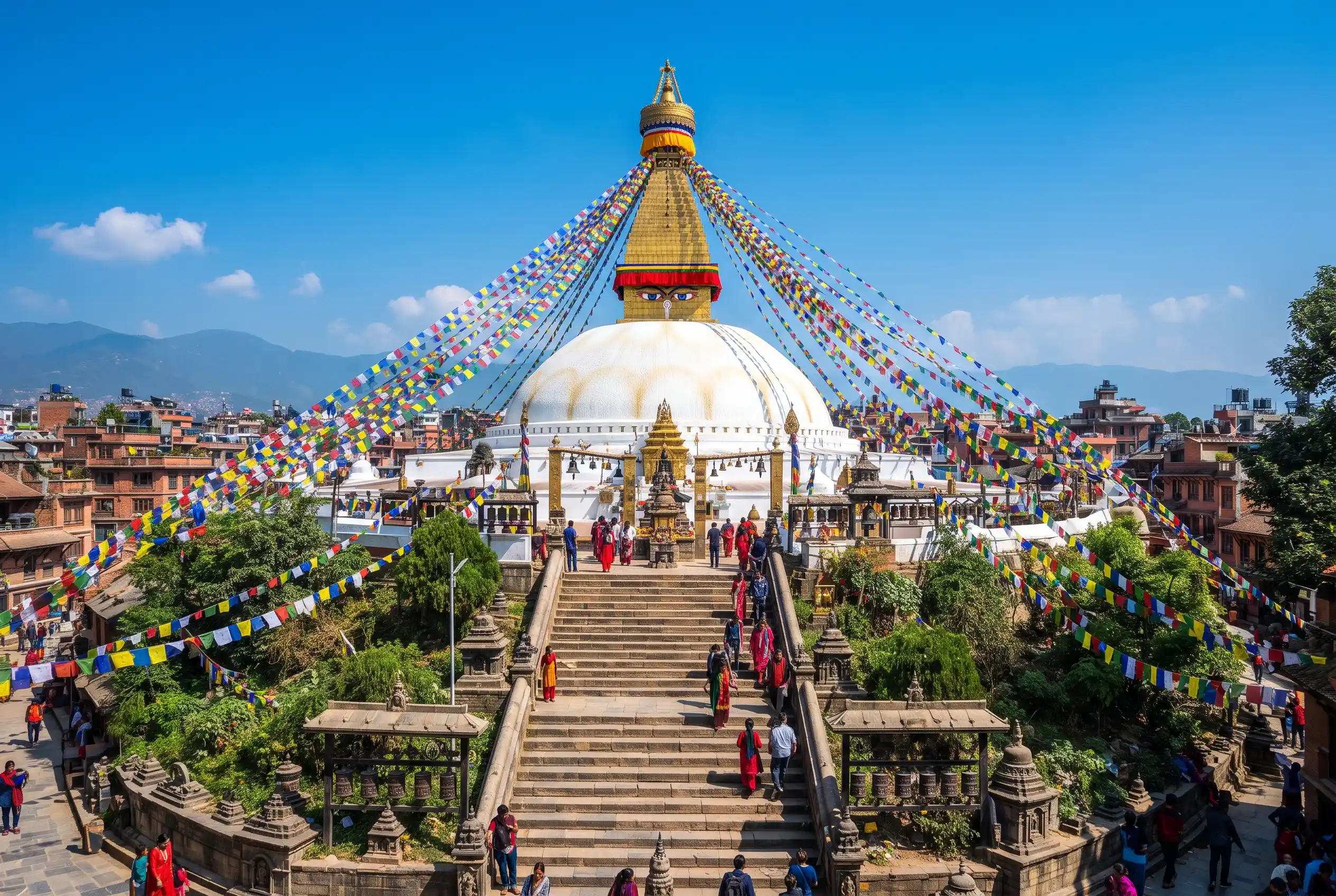 Swayambhunath Monkey Temple stupa with prayer flags in Kathmandu