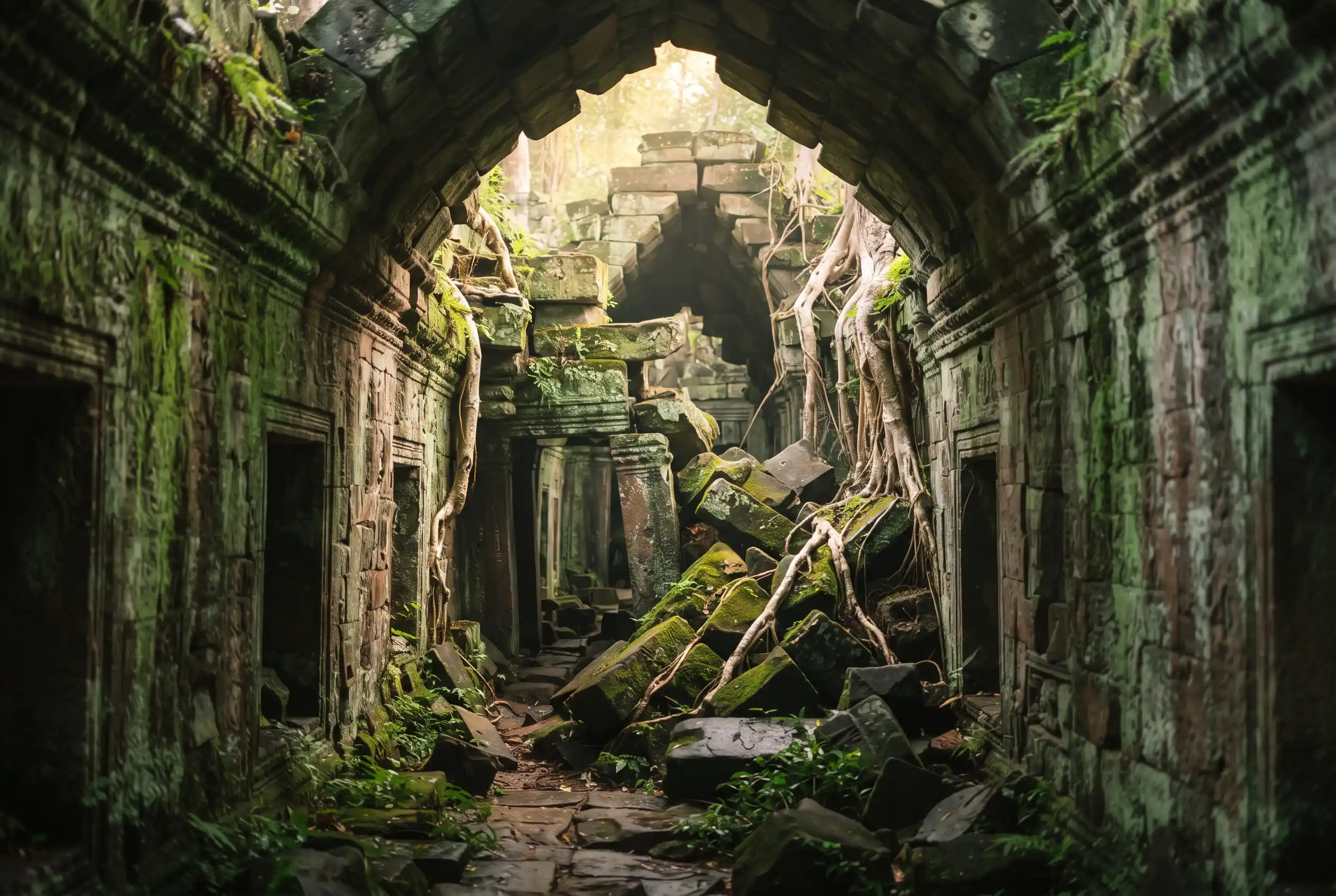 A moss covered stone corridor inside Ta Prohm
