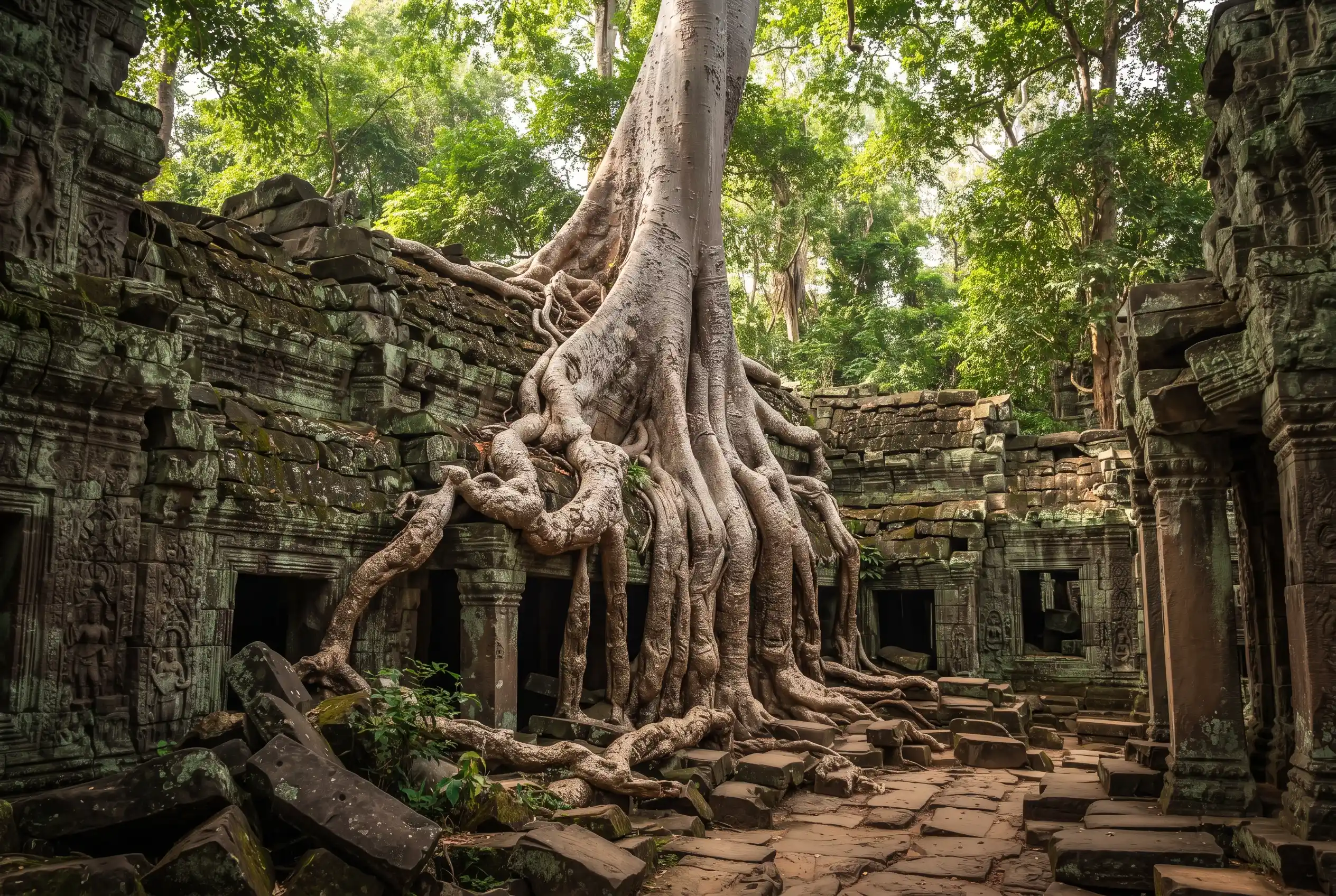 Silk cotton tree roots over a gallery wall at Ta Prohm