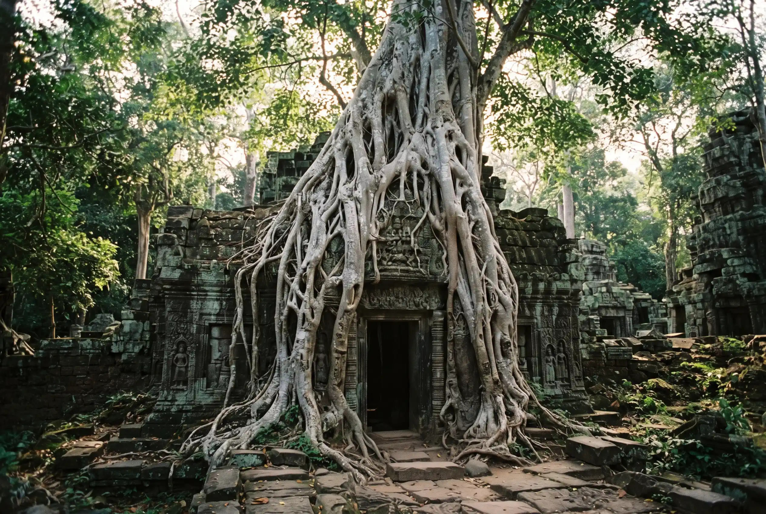 Strangler fig roots over a doorway at Ta Prohm