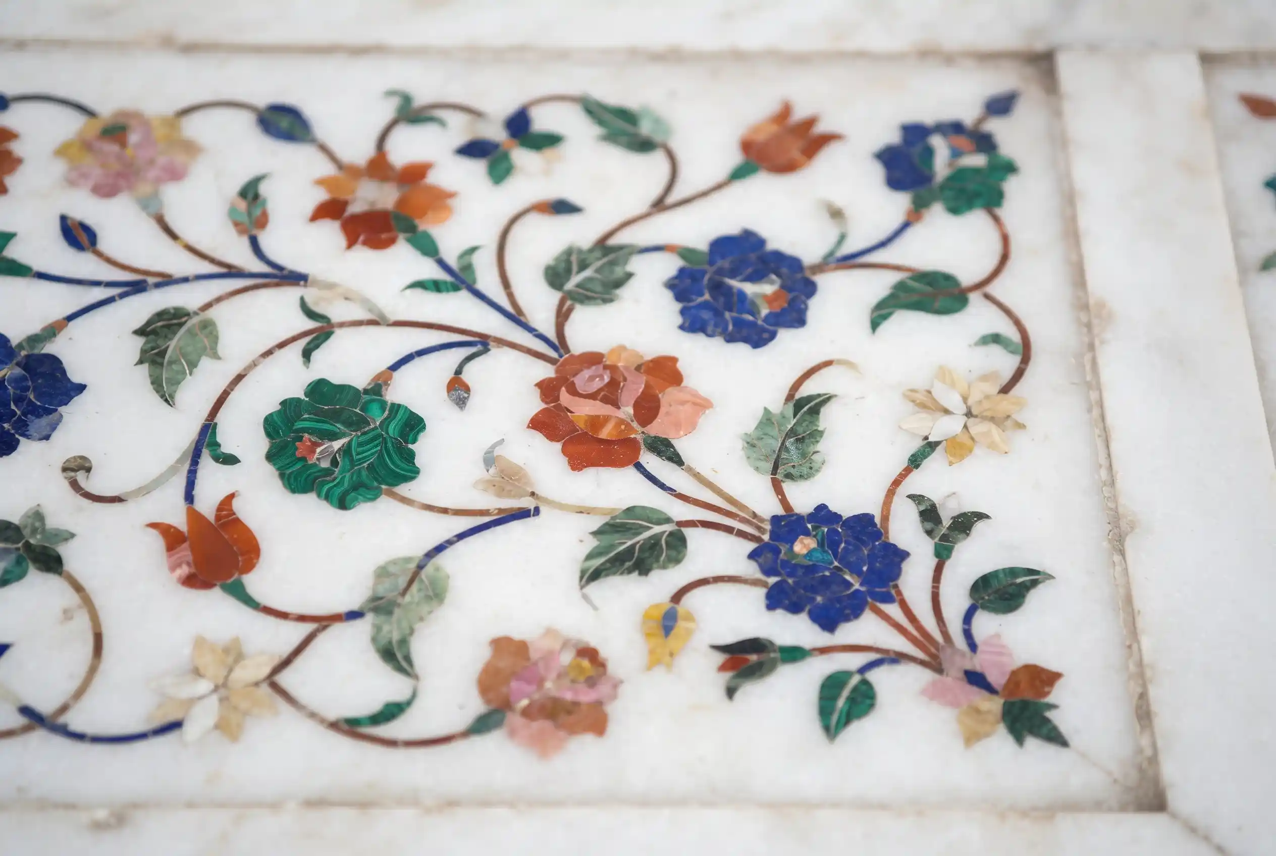Close up of pietra dura marble inlay on the Taj Mahal