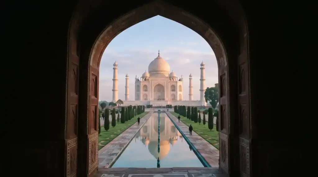 The Taj Mahal at sunrise seen through the entrance gateway arch