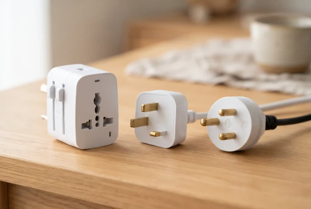 A universal travel adapter with a Type G plug and a Type D plug for Tanzania