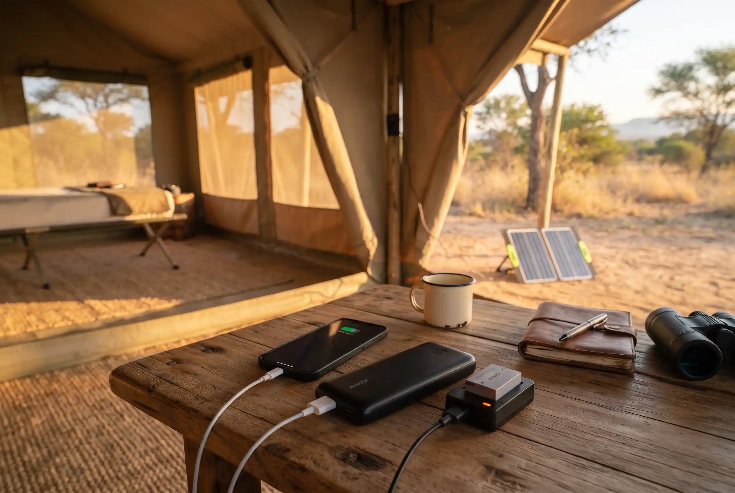A phone and camera battery charging from a power bank at a safari tented camp