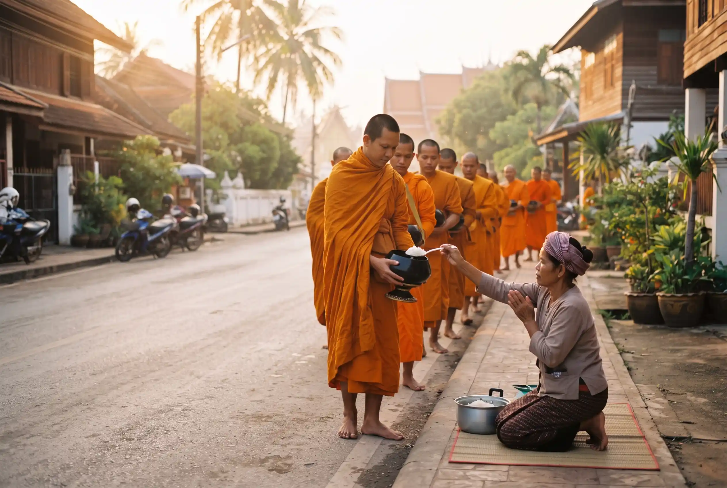 Saffron robed Buddhist monks collecting morning alms on a Thai street at dawn