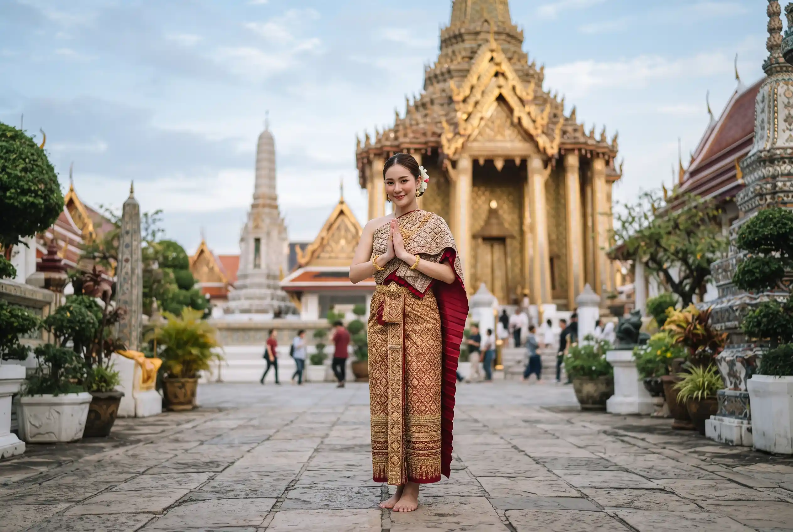 A Thai woman performing the wai greeting in front of a temple