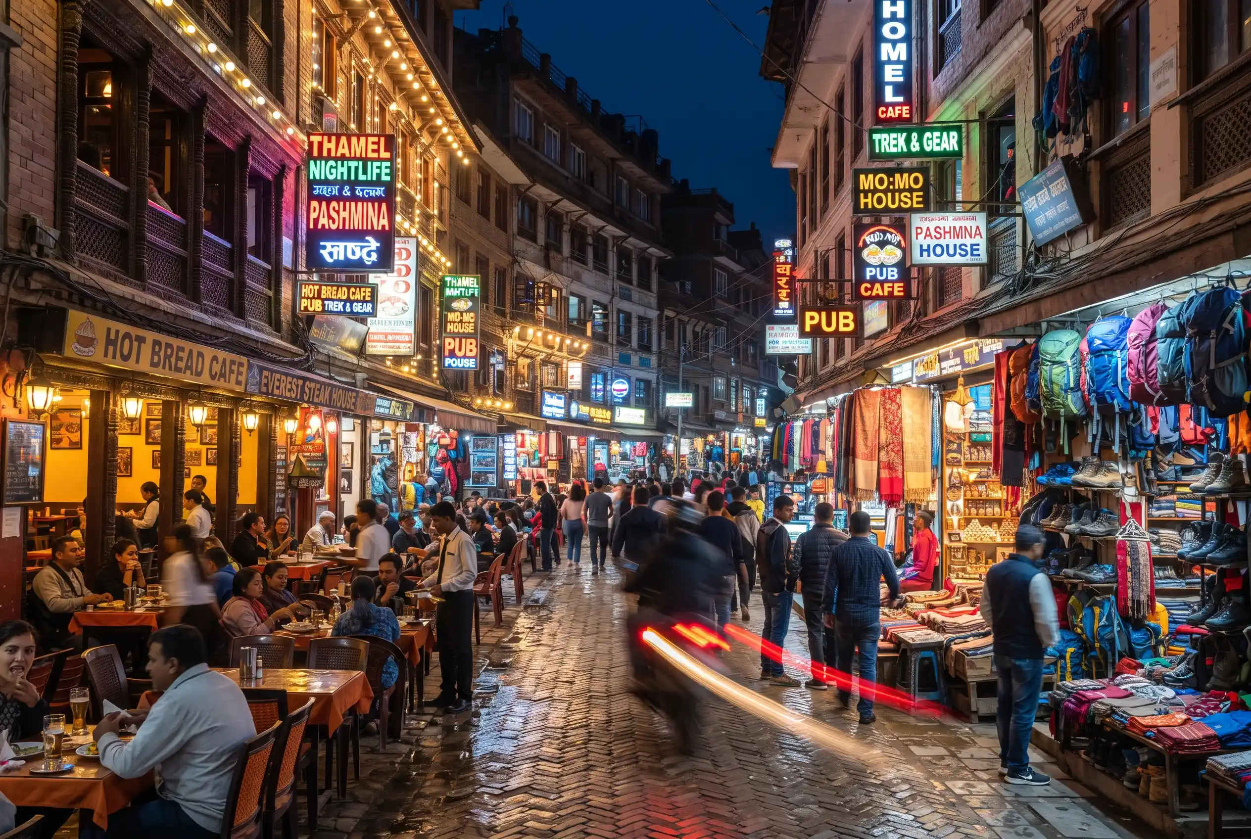 Thamel district streets lit up at night with restaurants and shops