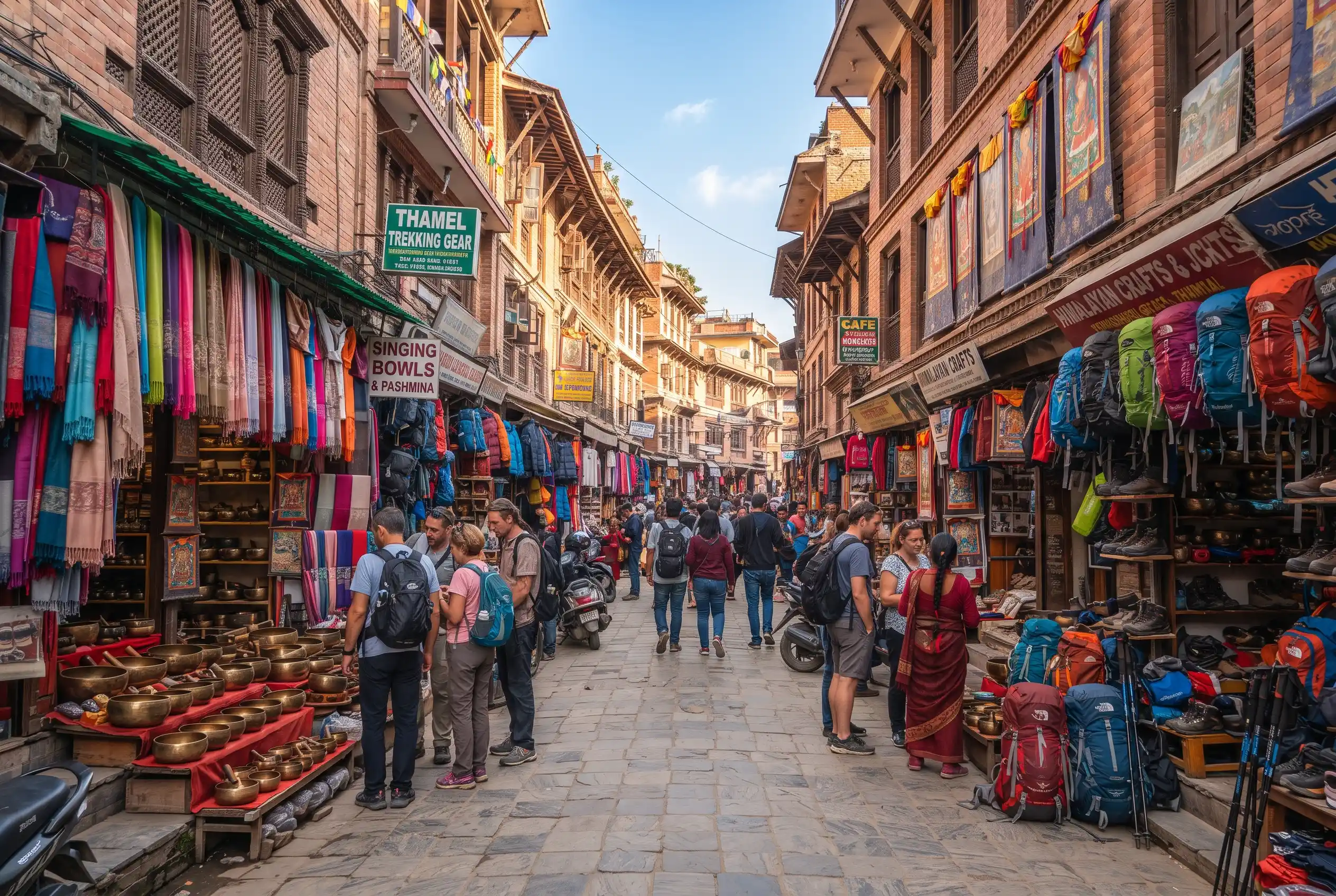 Shopping street in Thamel with pashmina shawls and trekking gear stores