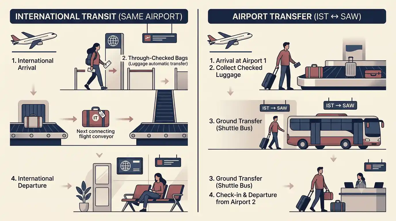 Comparison of airside transit and airport transfers requiring entry into Türkiye