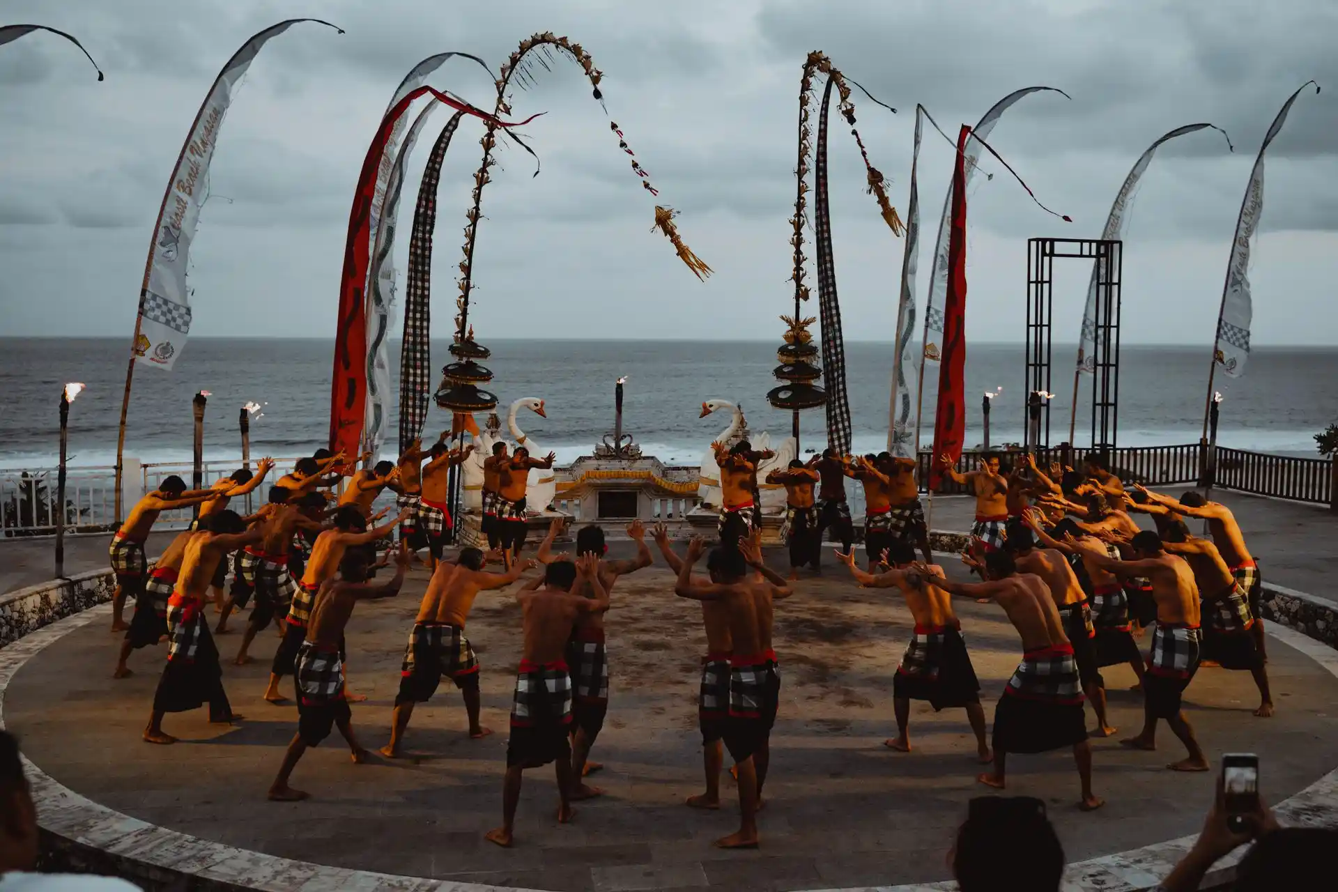 Kecak fire dance at Uluwatu amphitheatre at dusk, Bali